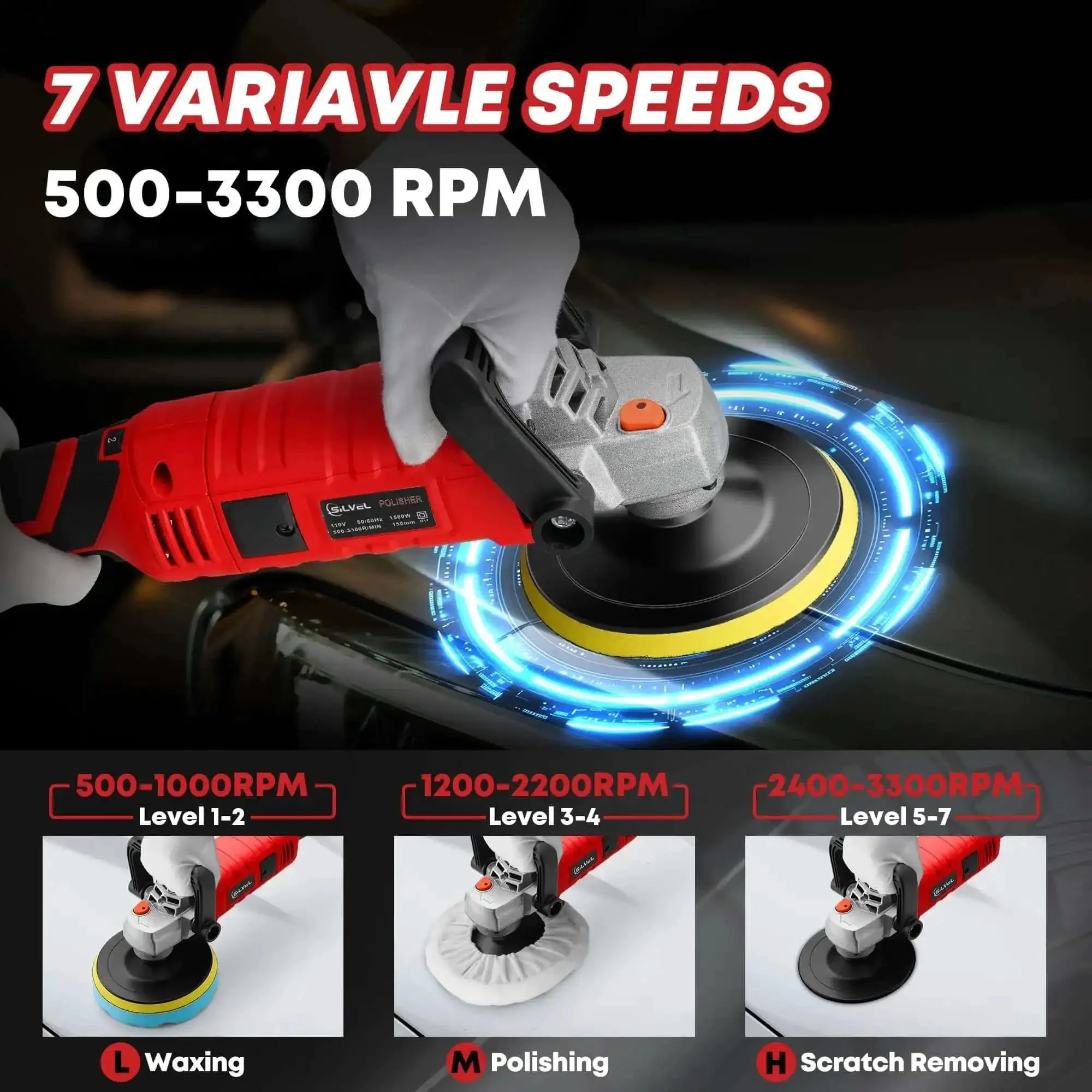 1600W Car Polisher With 7 Inch And 6 Inch Heads Variable Speed Polishing Machine For Detailing Includes 6 Foam Pads And 3 Wool Pads Waxing And Boat Polishing - Image 6