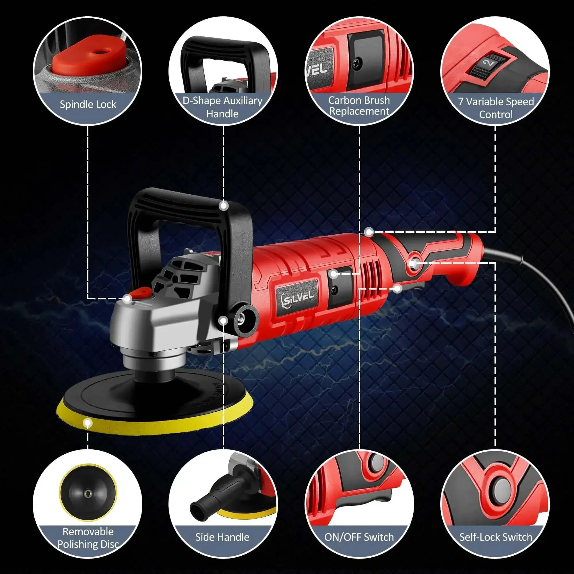 1600W Car Polisher With 7 Inch And 6 Inch Heads Variable Speed Polishing Machine For Detailing Includes 6 Foam Pads And 3 Wool Pads Waxing And Boat Polishing - Image 7