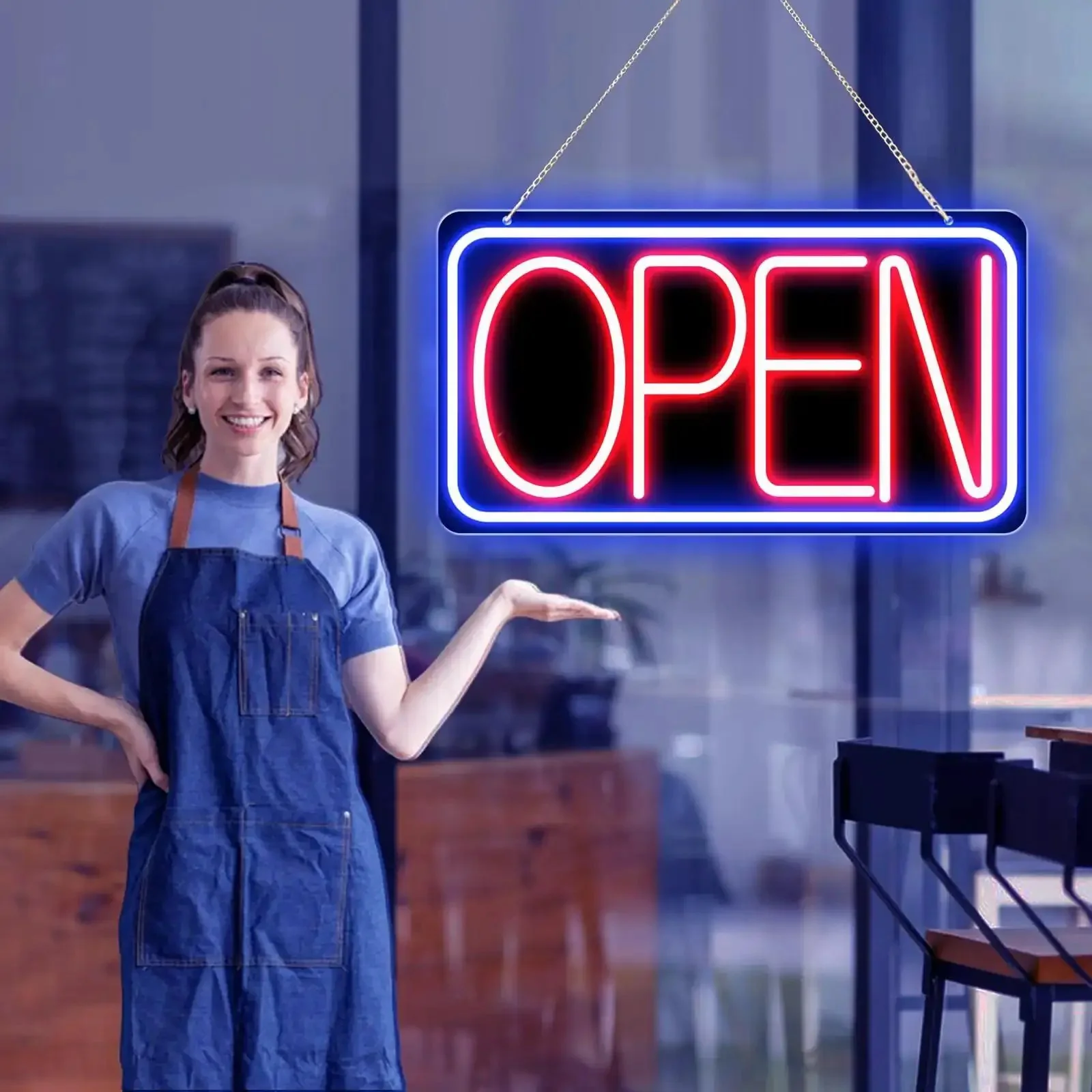 16.5 X 9 Inch Led Neon Open Sign For Business Ultra Bright Plug In Light Up Open Sign With Easy On Off Switch And 12V 2A AC Adapter For Storefront Window Bar Salon Coffee Shops Blue Red Backplate - Image 6