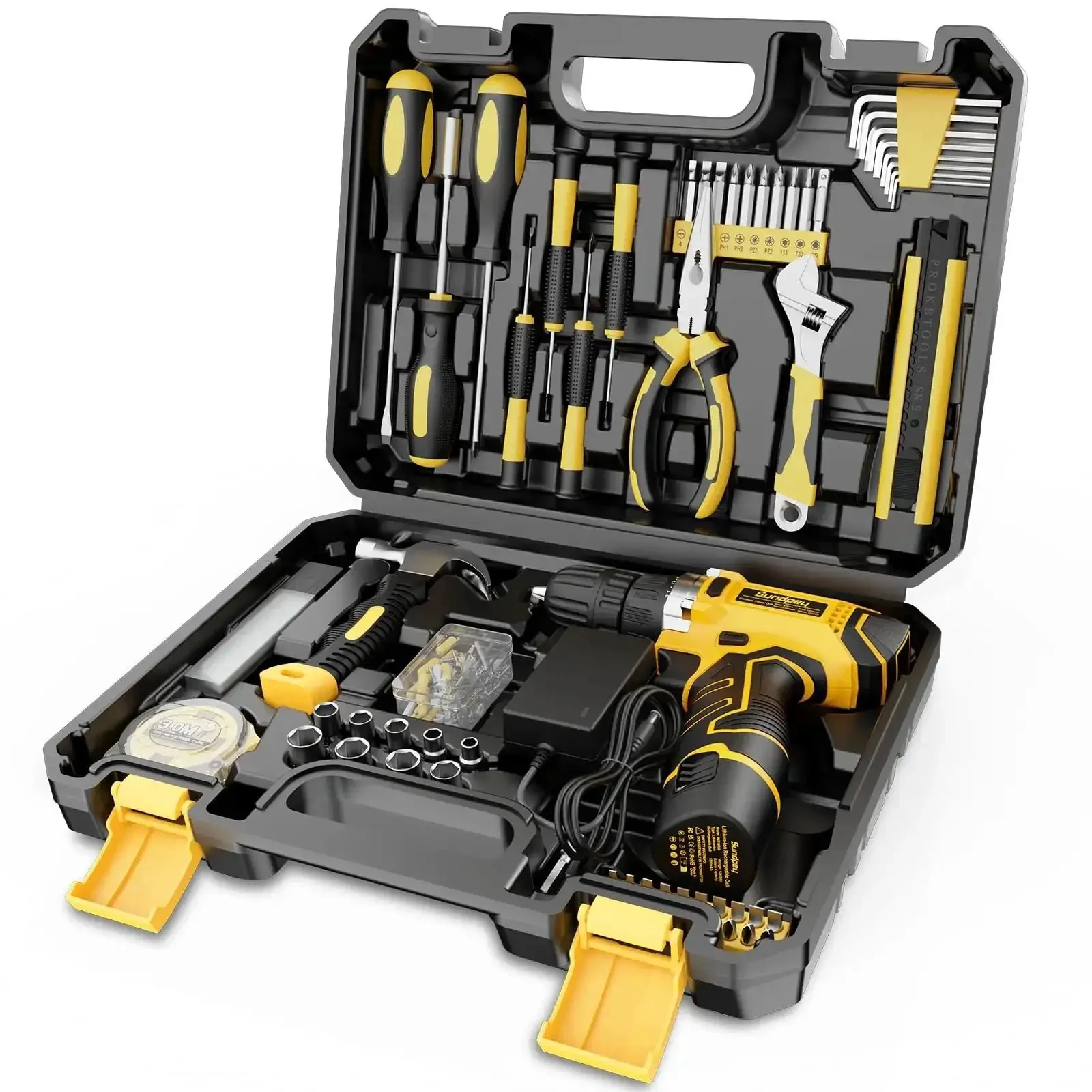166 Piece General Home Repair Tool Set With Cordless 12V Drill Battery And Charger In Portable Tool Box For DIY Projects At Home Garden Office And Apartment