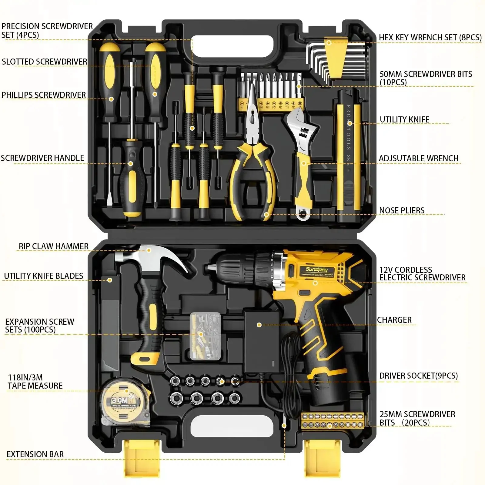 166 Piece General Home Repair Tool Set With Cordless 12V Drill Battery And Charger In Portable Tool Box For DIY Projects At Home Garden Office And Apartment - Image 7