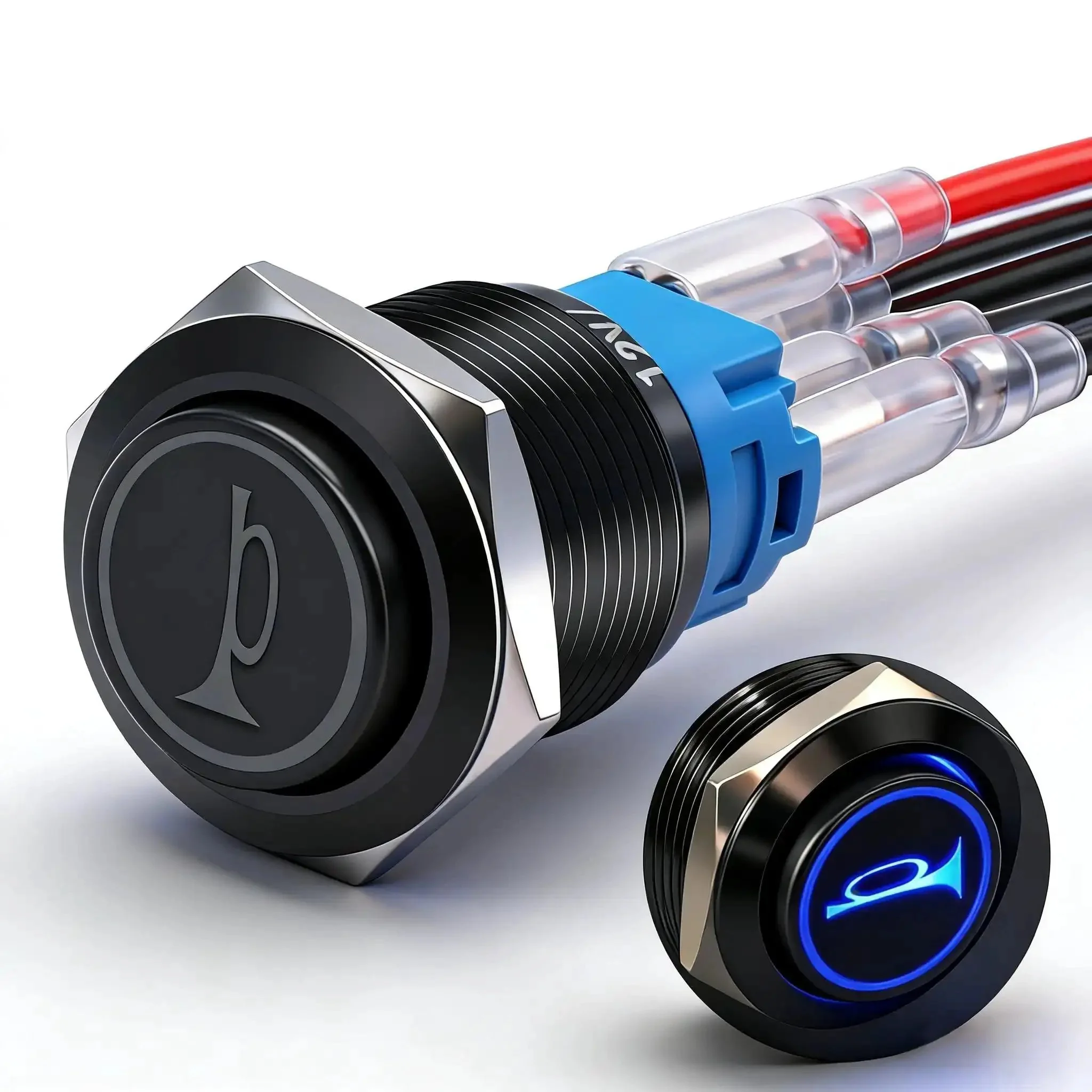 16mm Raised Speaker Horn Momentary Push Button Switch With 12V Blue LED Light Black Stainless Steel Shell 1NO 1NC SPDT Prewired For Car Modification Five Eighth Inch Mounting Hole