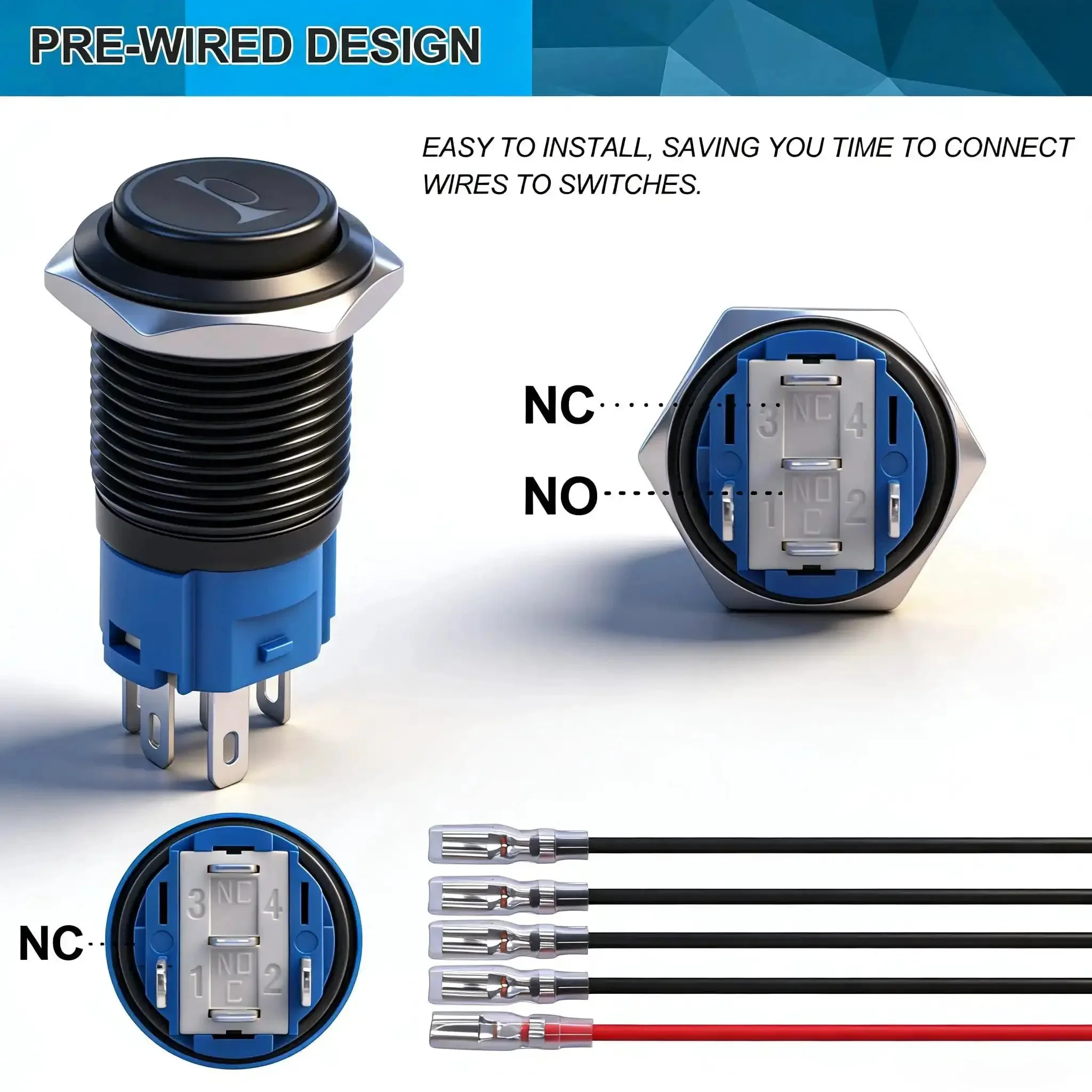 16mm Raised Speaker Horn Momentary Push Button Switch With 12V Blue LED Light Black Stainless Steel Shell 1NO 1NC SPDT Prewired For Car Modification Five Eighth Inch Mounting Hole - Image 4