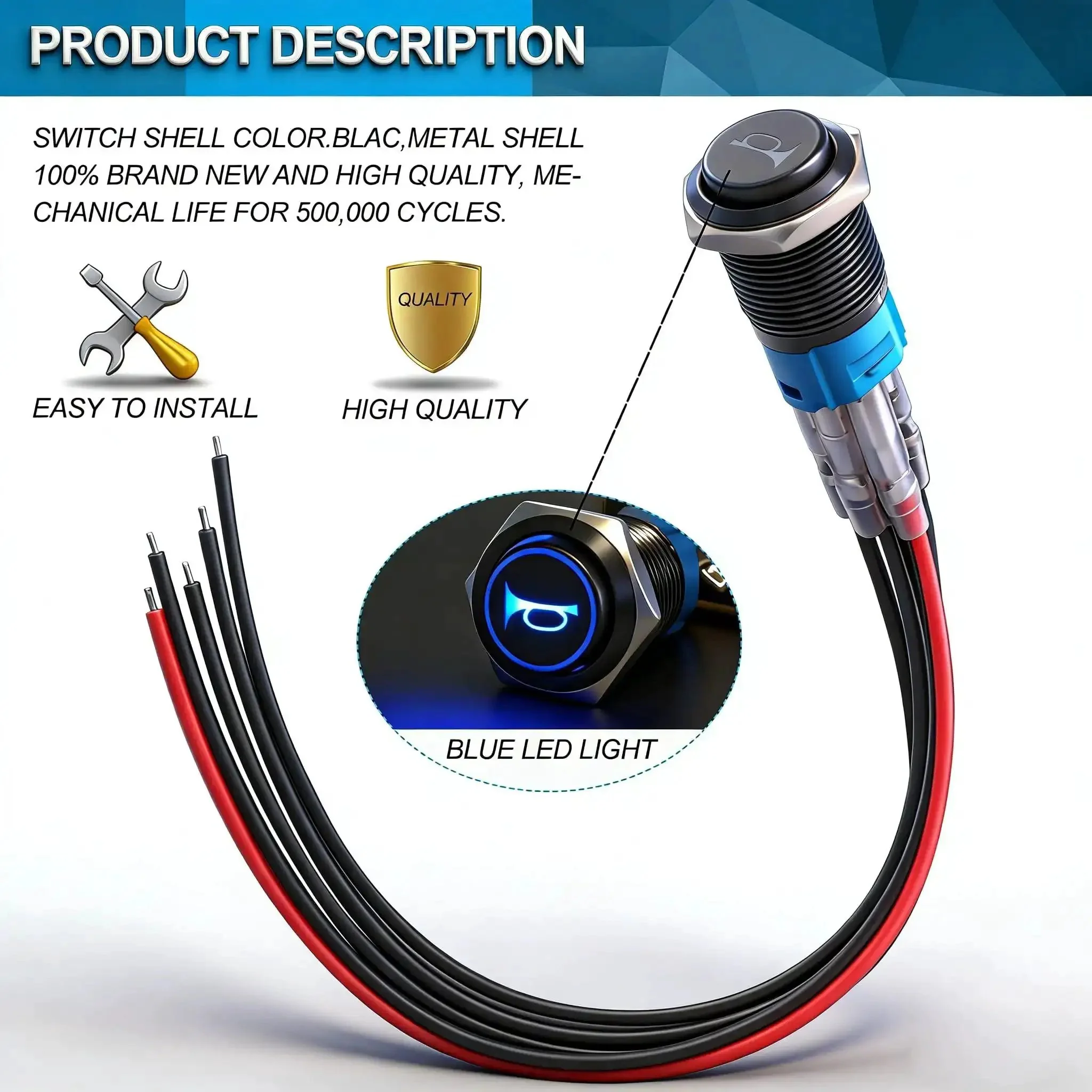 16mm Raised Speaker Horn Momentary Push Button Switch With 12V Blue LED Light Black Stainless Steel Shell 1NO 1NC SPDT Prewired For Car Modification Five Eighth Inch Mounting Hole - Image 5