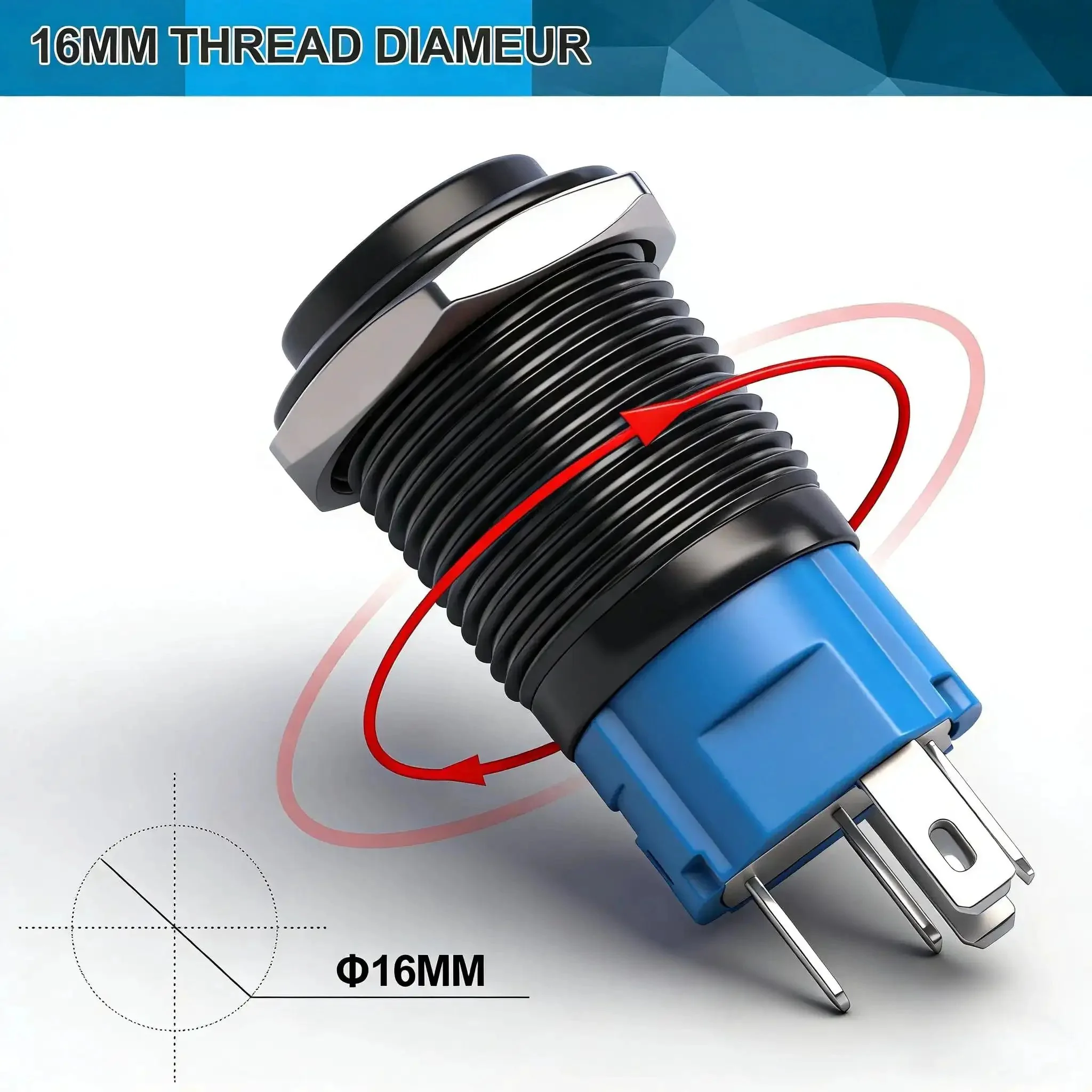 16mm Raised Speaker Horn Momentary Push Button Switch With 12V Blue LED Light Black Stainless Steel Shell 1NO 1NC SPDT Prewired For Car Modification Five Eighth Inch Mounting Hole - Image 6