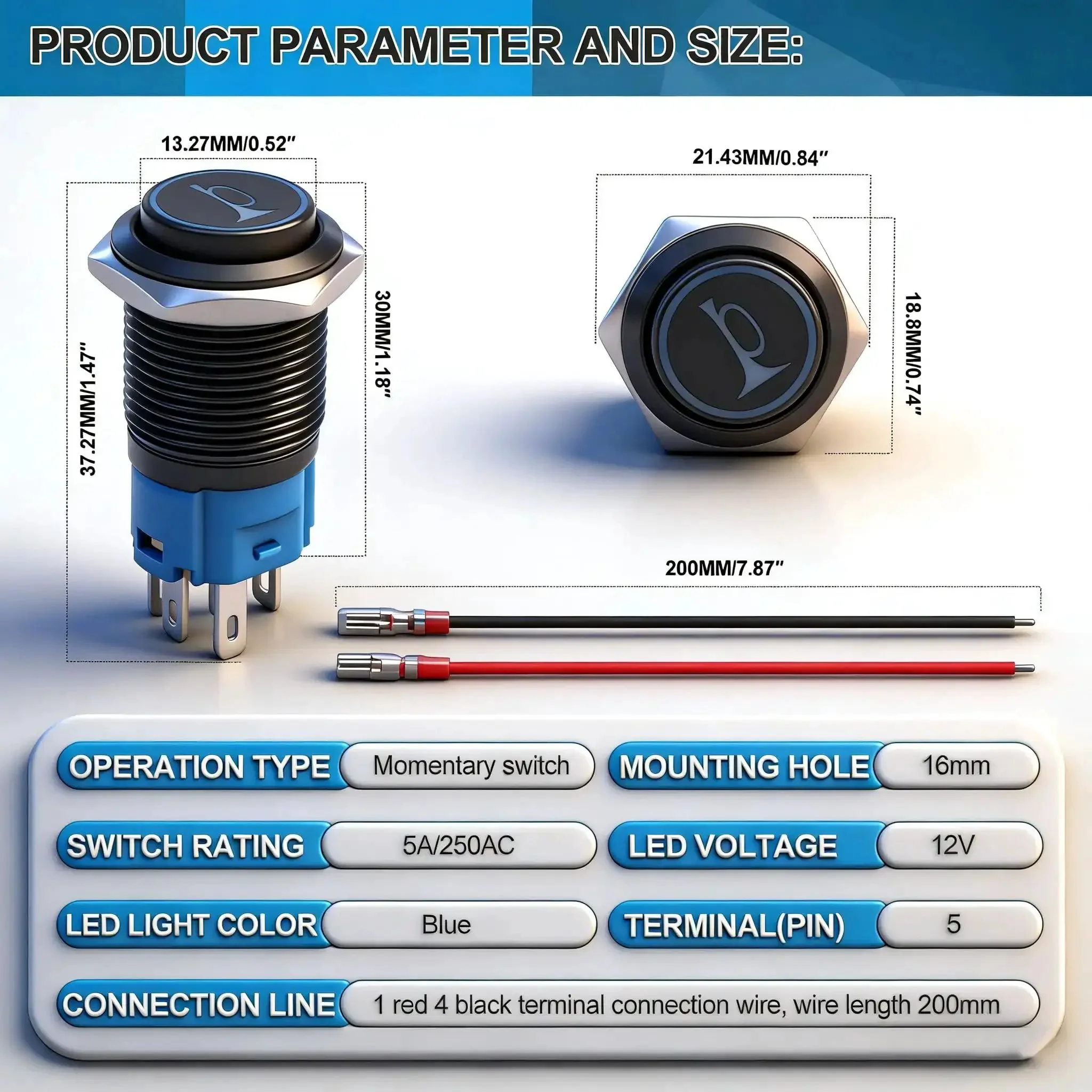 16mm Raised Speaker Horn Momentary Push Button Switch With 12V Blue LED Light Black Stainless Steel Shell 1NO 1NC SPDT Prewired For Car Modification Five Eighth Inch Mounting Hole - Image 7