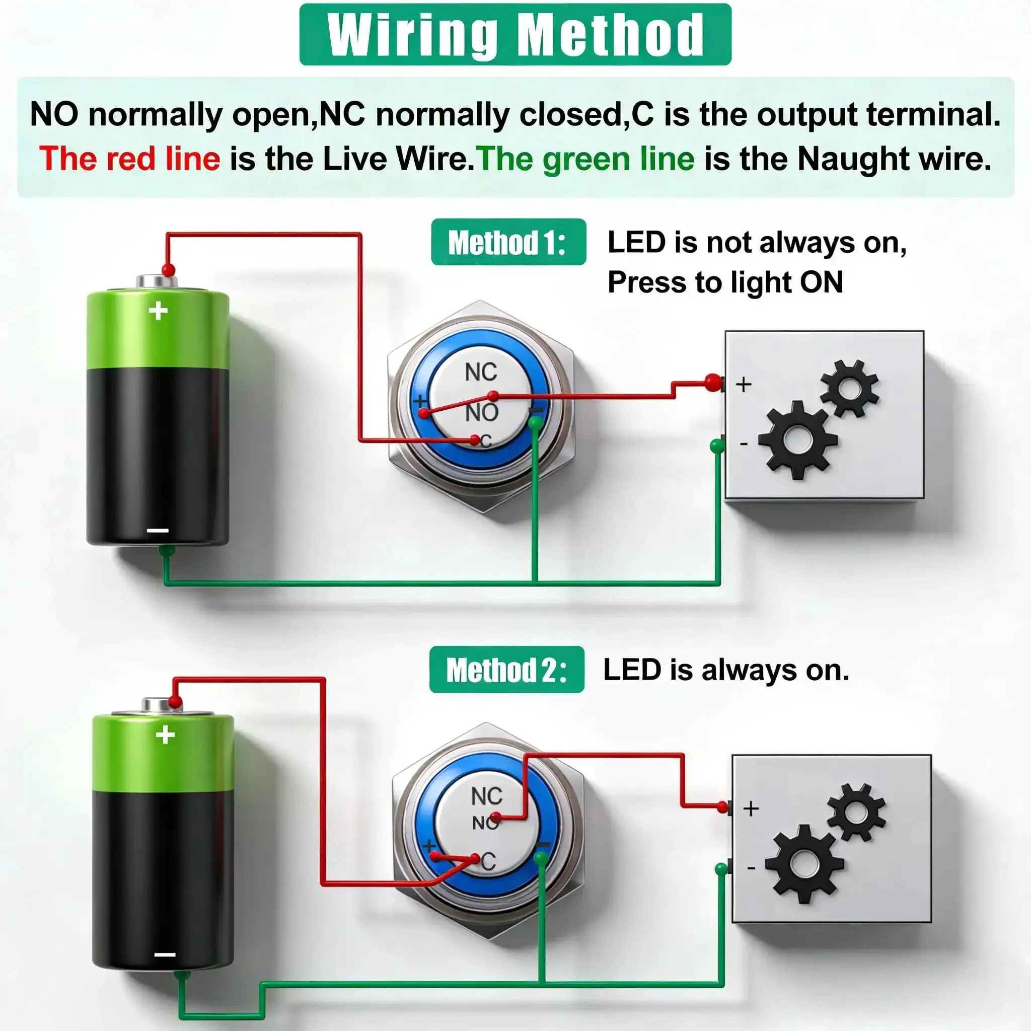 16mm Raised Speaker Horn Momentary Push Button Switch With 12V Blue LED Light Black Stainless Steel Shell 1NO 1NC SPDT Prewired For Car Modification Five Eighth Inch Mounting Hole - Image 8