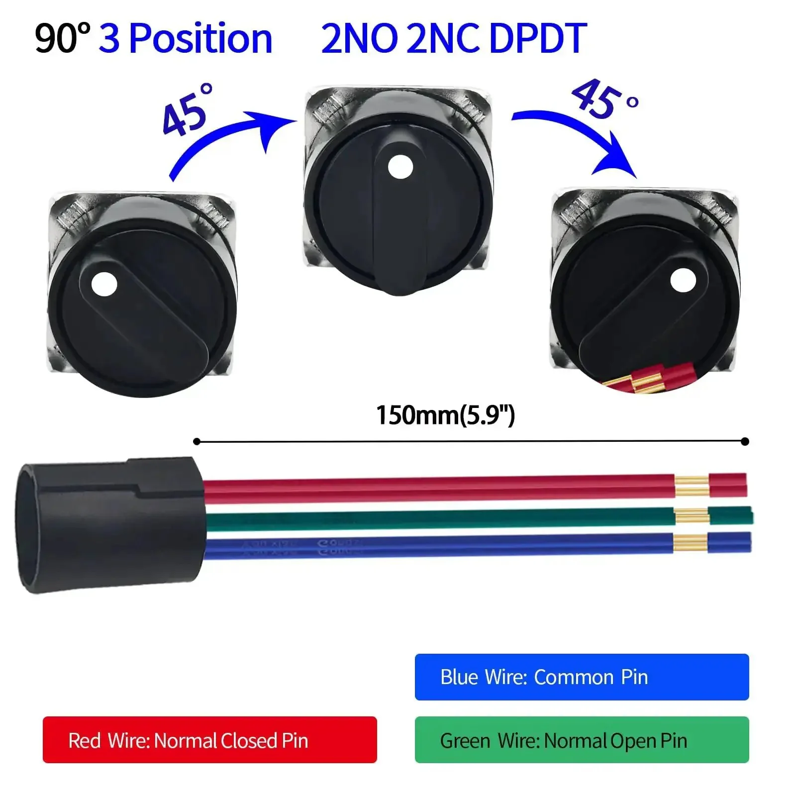 16mm Three Position Rotary Switch With Two NO Two NC DPDT Latching 5 Amp 250 Volt On Off On Selector Button Knob With Wire Leads Two Pack UL Listed For DIY Projects And Electronics - Image 4