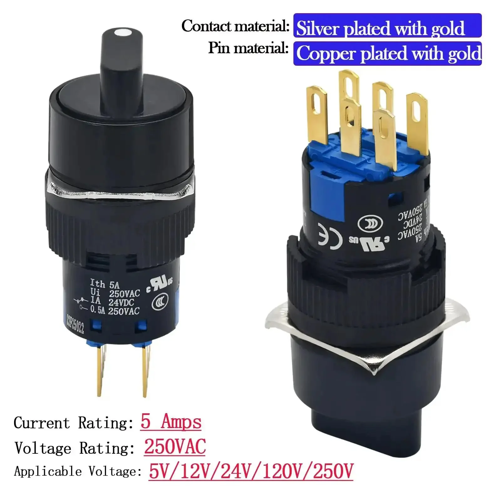 16mm Three Position Rotary Switch With Two NO Two NC DPDT Latching 5 Amp 250 Volt On Off On Selector Button Knob With Wire Leads Two Pack UL Listed For DIY Projects And Electronics - Image 5