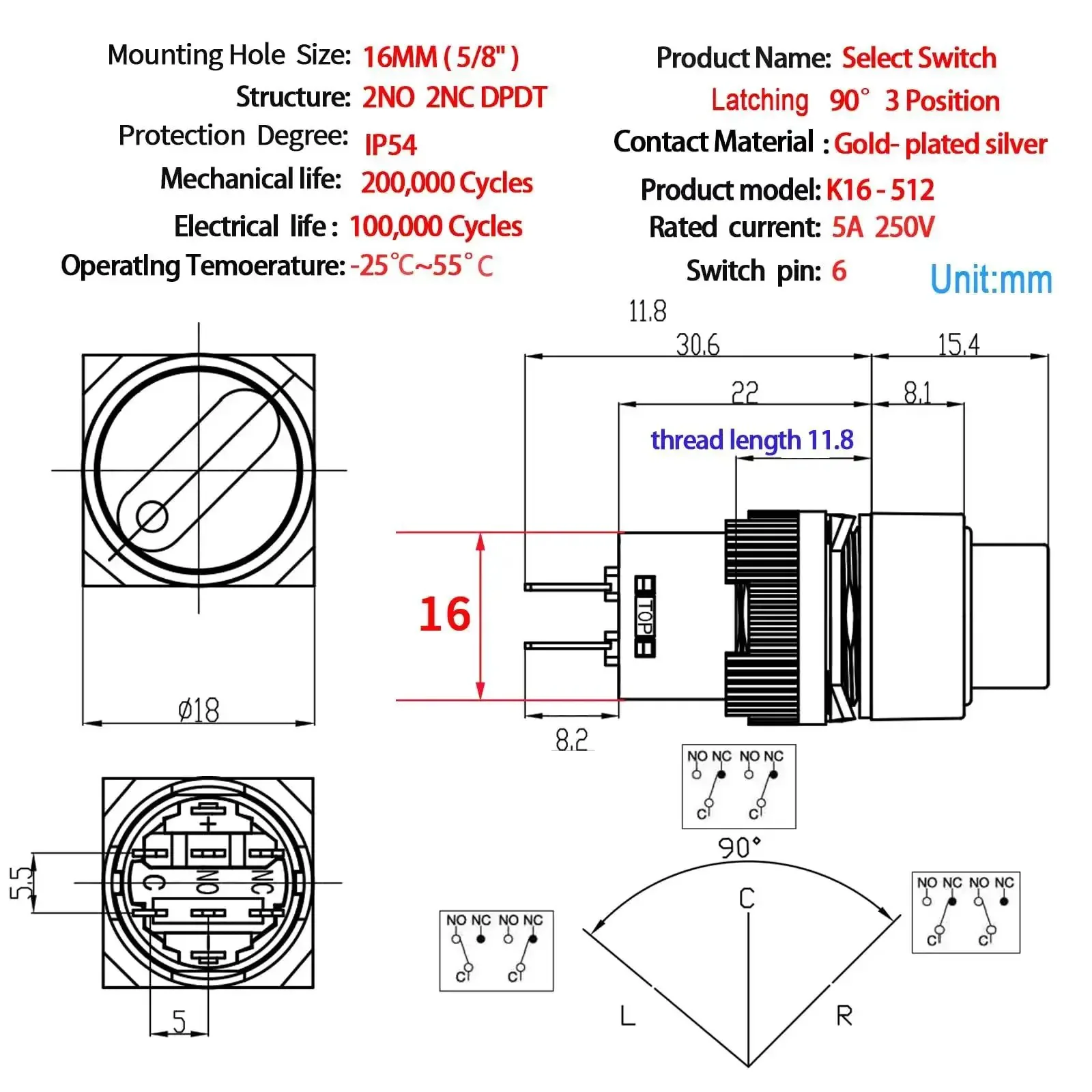 16mm Three Position Rotary Switch With Two NO Two NC DPDT Latching 5 Amp 250 Volt On Off On Selector Button Knob With Wire Leads Two Pack UL Listed For DIY Projects And Electronics - Image 6