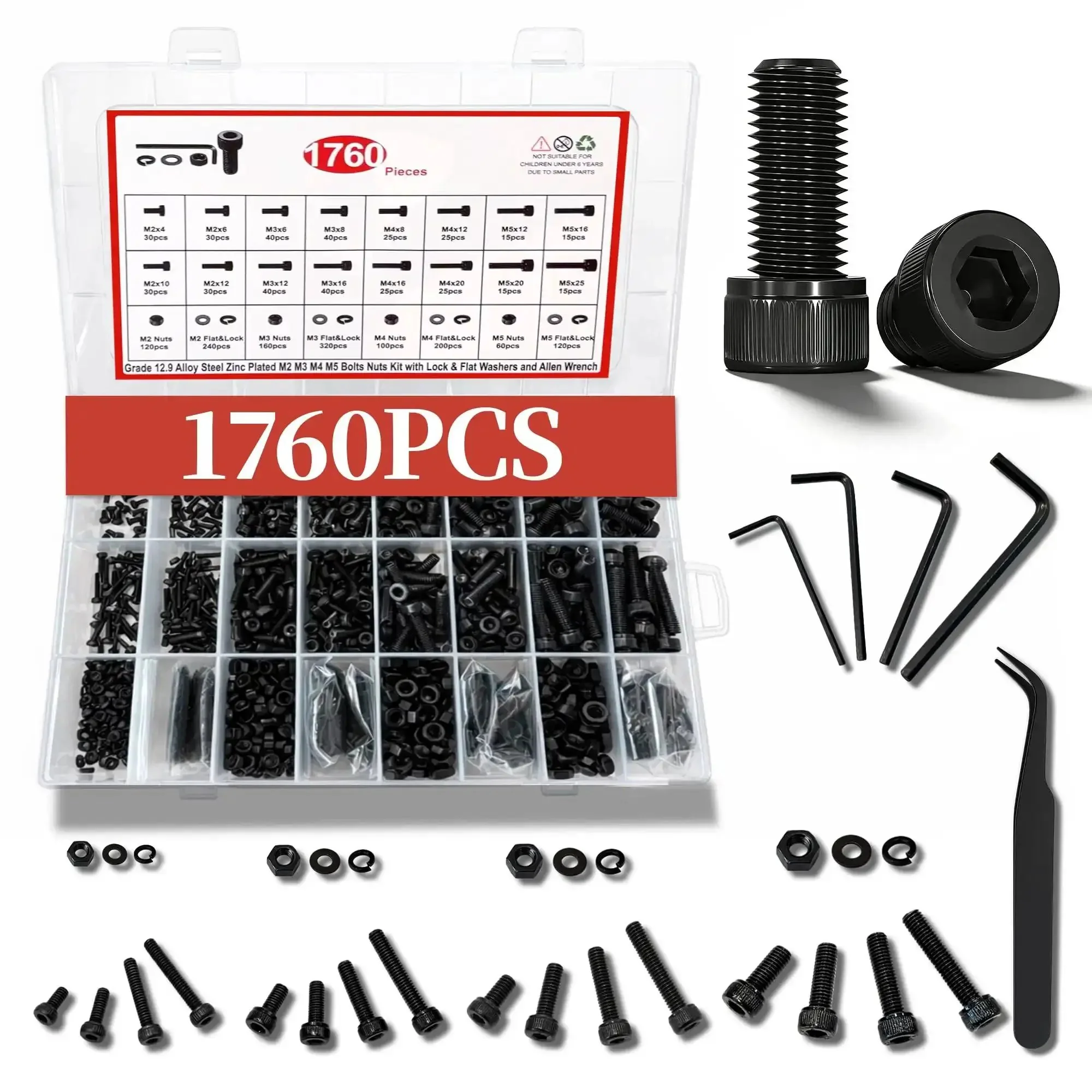 1760 Piece Metric Screw Set With M2 M3 M4 M5 Bolts And Nuts, Hex Socket Cap Head Screws For 3D Printers, Black Zinc Plated Grade 12.9 Alloy Steel, Hardworking DIY Hardware Kit For Projects And Repairs