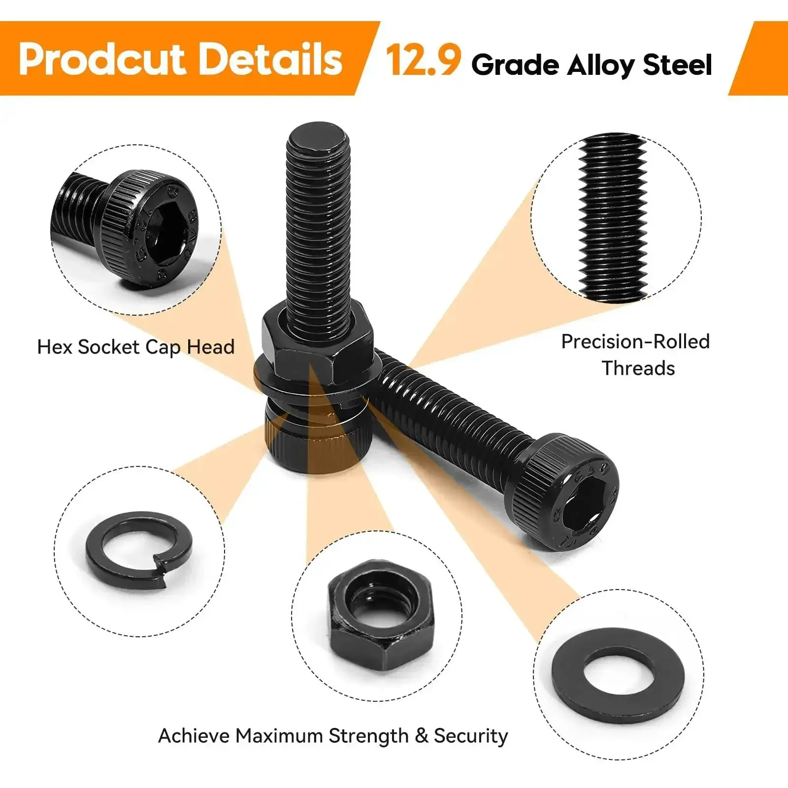 1760 Piece Nuts And Bolts Kit With M2 M3 M4 M5 Screws, Lock And Flat Washers, Heavy Duty 12.9 Grade Alloy Steel Hex Socket Head Cap Screws, Black Zinc Rust-Proof Set, Includes 4 Hex Wrenches - Image 6