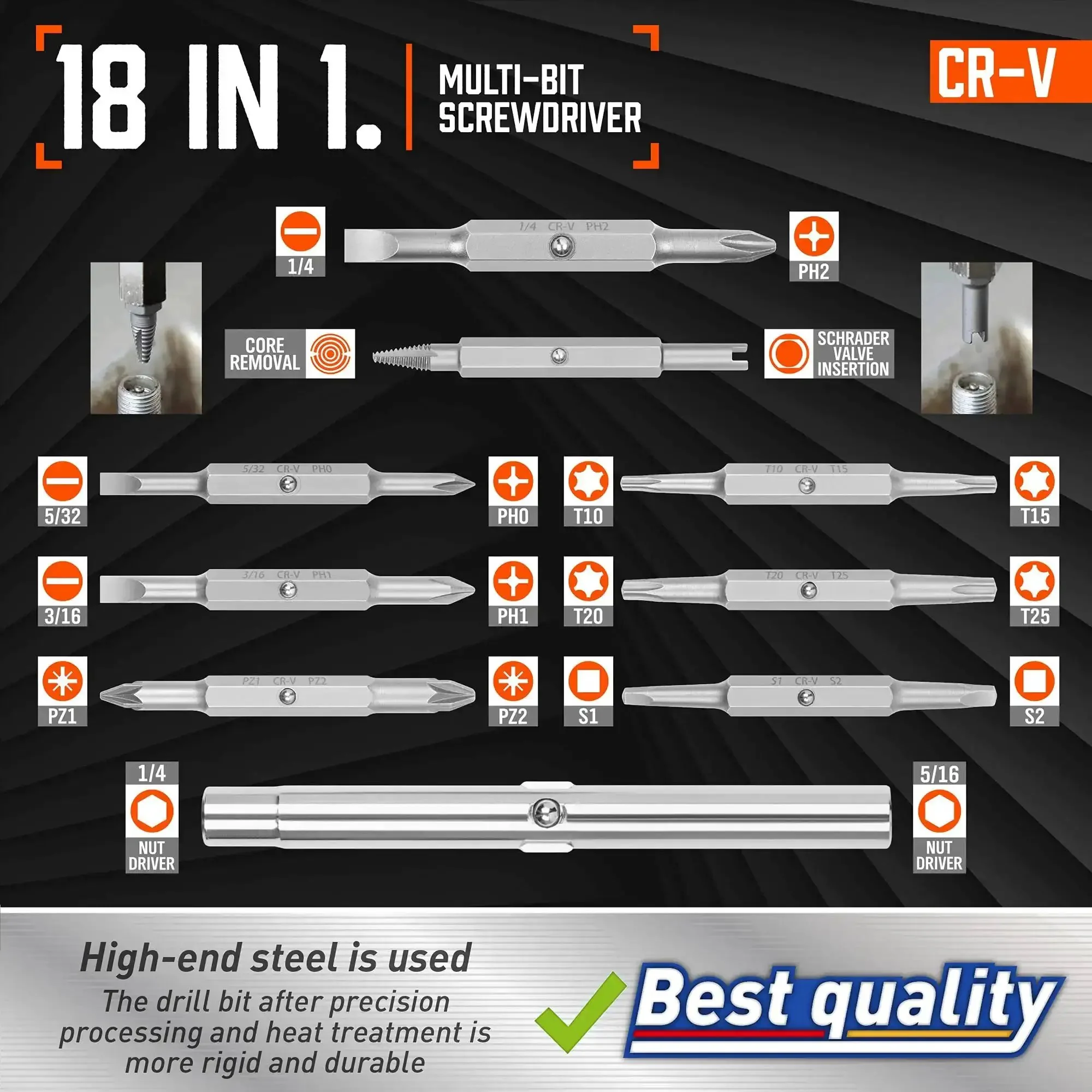 18 In 1 Multi Bit Screwdriver Set With Ergonomic Handle Portable All In One Tool Kit For Slotted Phillips Pozidriv Torx Square And Nut Driver Bits Pro Grade Heat Treated Bits For Home DIY Projects - Image 4