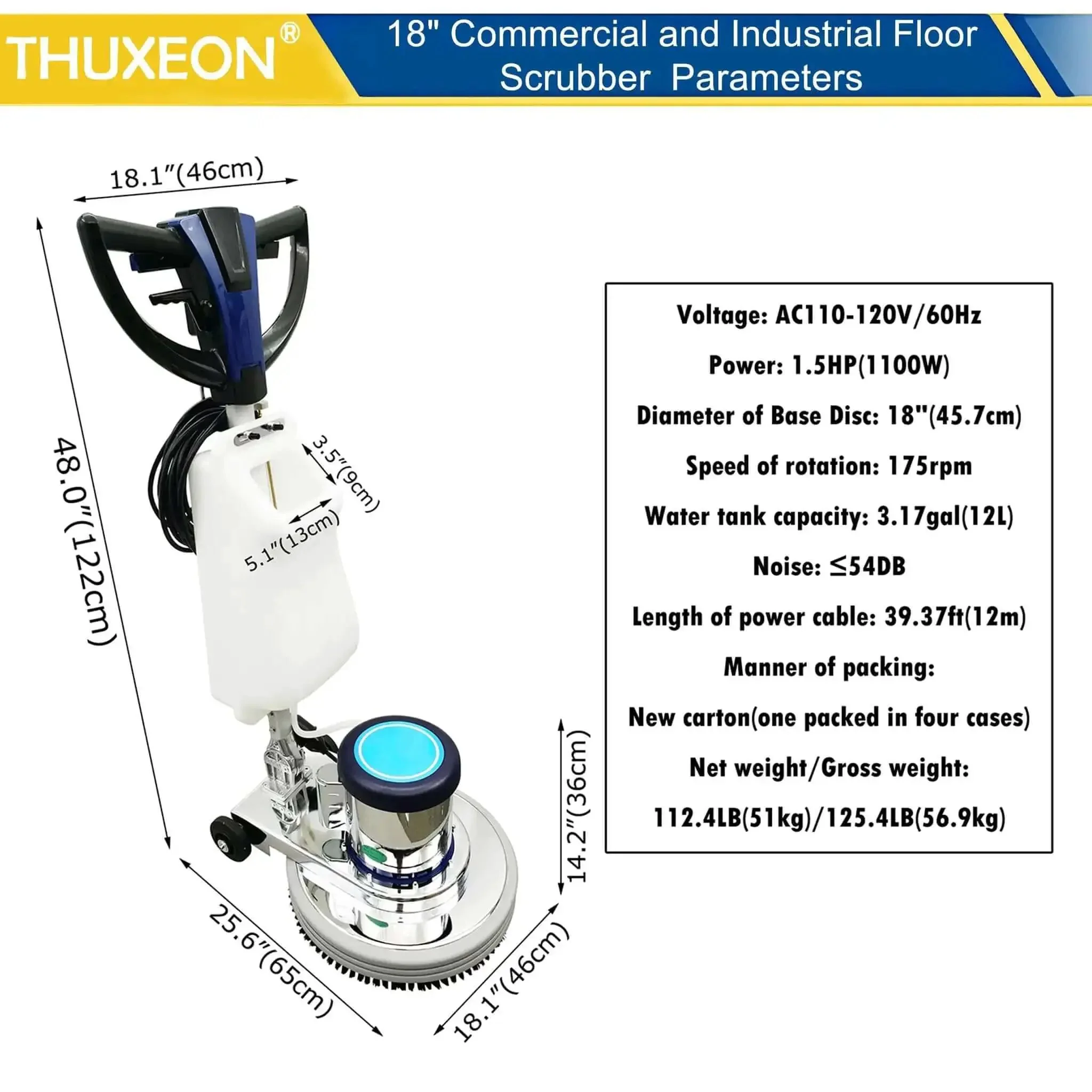 18 Inch Commercial Floor Scrubber Buffer Built Tough Polisher With 1100W Motor And 12L Tank For Hotel Carpet And Tile Cleaning Butterfly Handle Low Noise 110V - Image 9