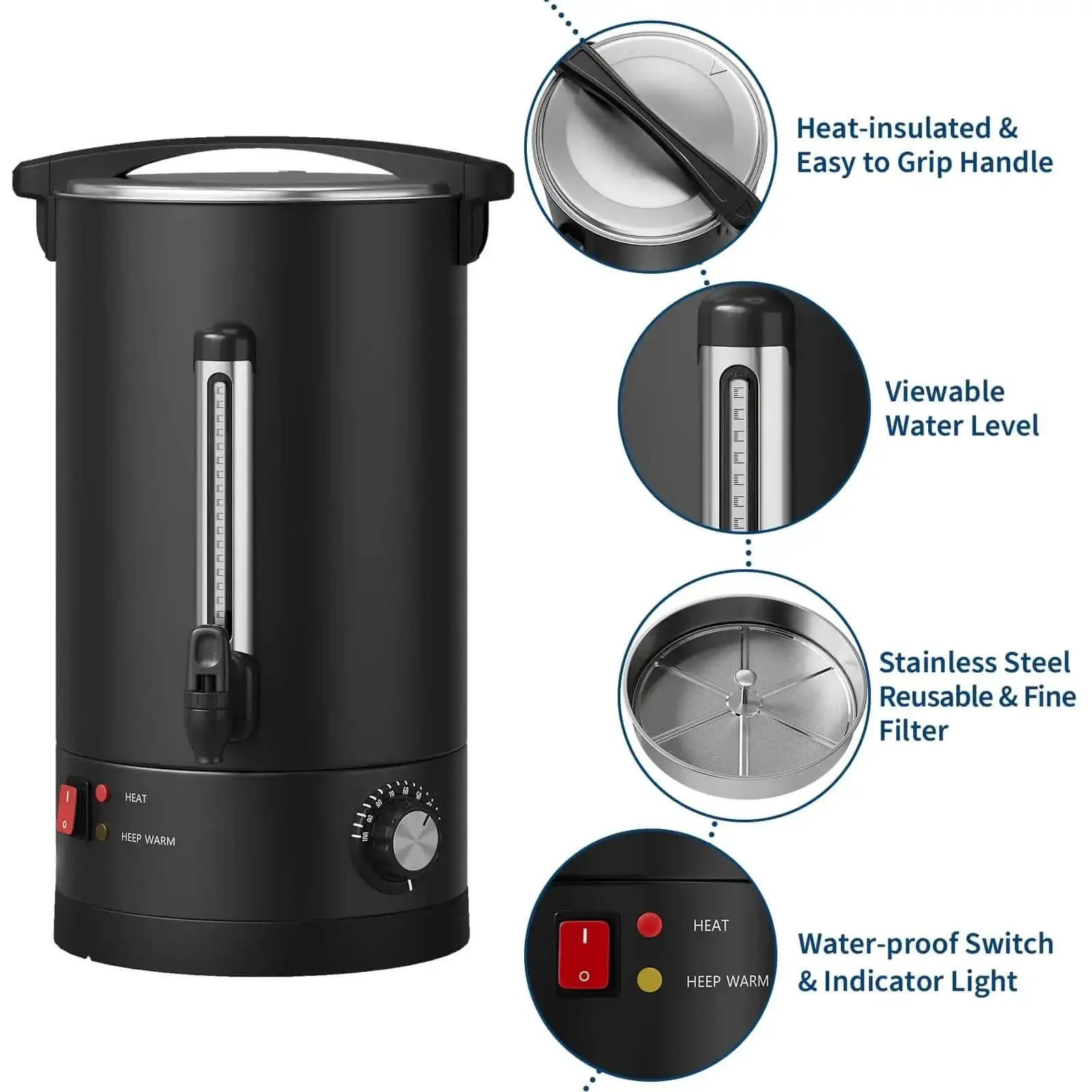 18 Liter Coffee Urn With Double Wall Insulation, Stainless Steel Black, 120 Cups Capacity, Heavy Duty Commercial Coffee Dispenser For Buffet Catering And Weddings, Keeps Coffee Hot Longer, The Go To For Big Gatherings - Image 5