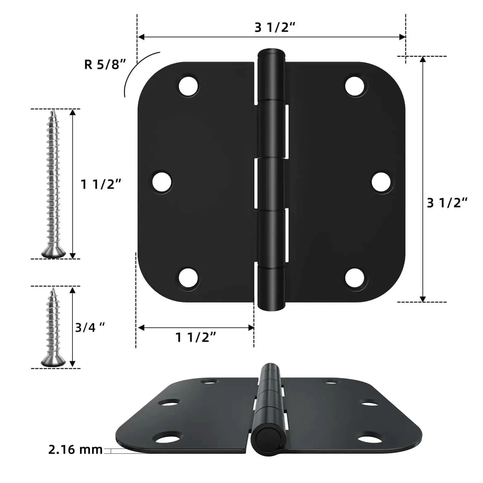 18 Pack Black Matte Interior Door Hinges 3.5 Inch By 3.5 Inch Rounded 5/8 Radius Heavy Duty Hinges For Residential Doors With 6 Screw Holes Durable Matte Finish Easy Install - Image 7
