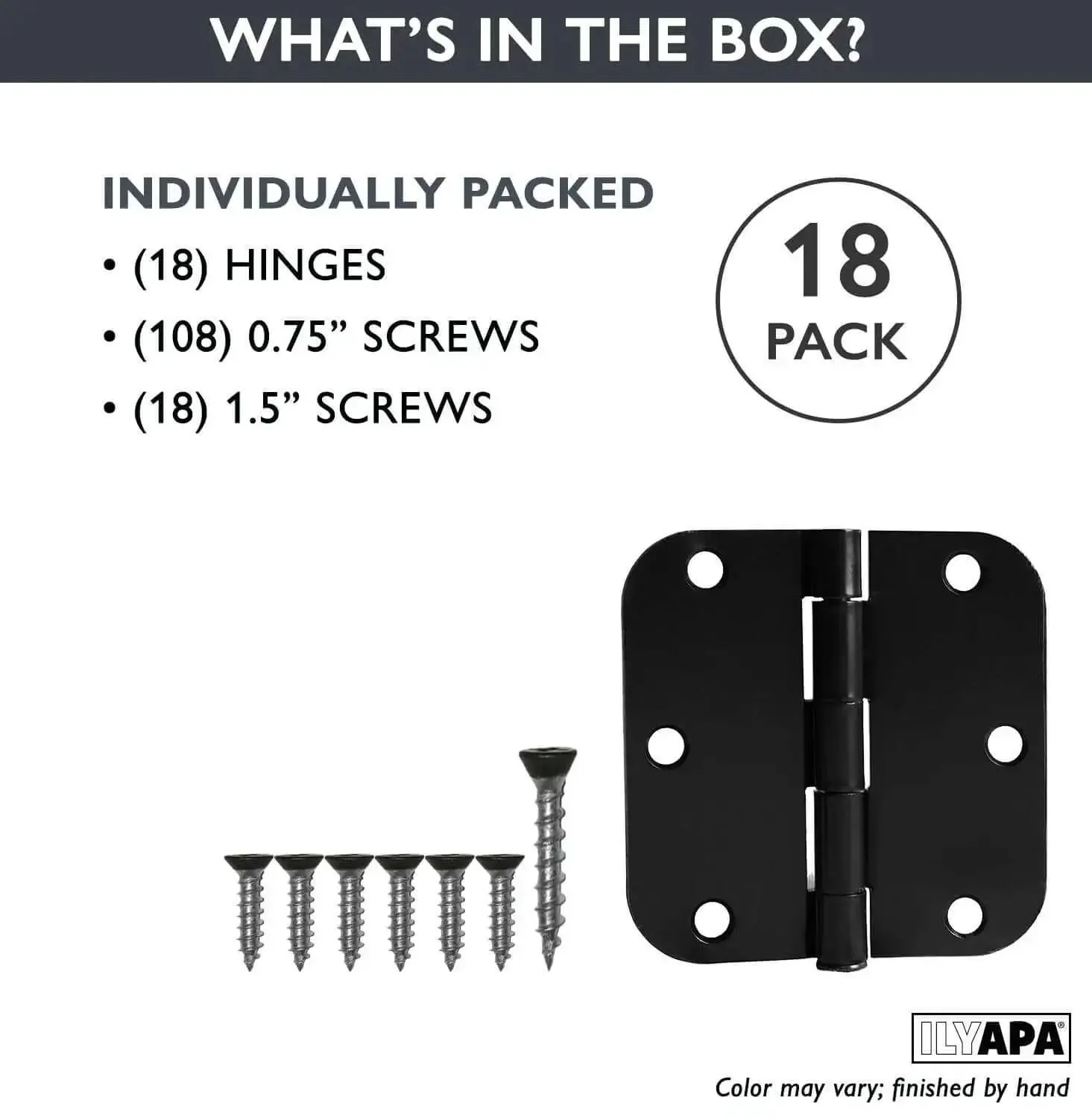 18 Pack Matte Black Interior Door Hinges 3 1/2 By 3 1/2 Inches With 5/8 Radius Corners For Doors, Closets, And Bathrooms ,  Sturdy, Smooth-Swing Hinges For Home, Cabinets, Wardrobe Projects - Image 7