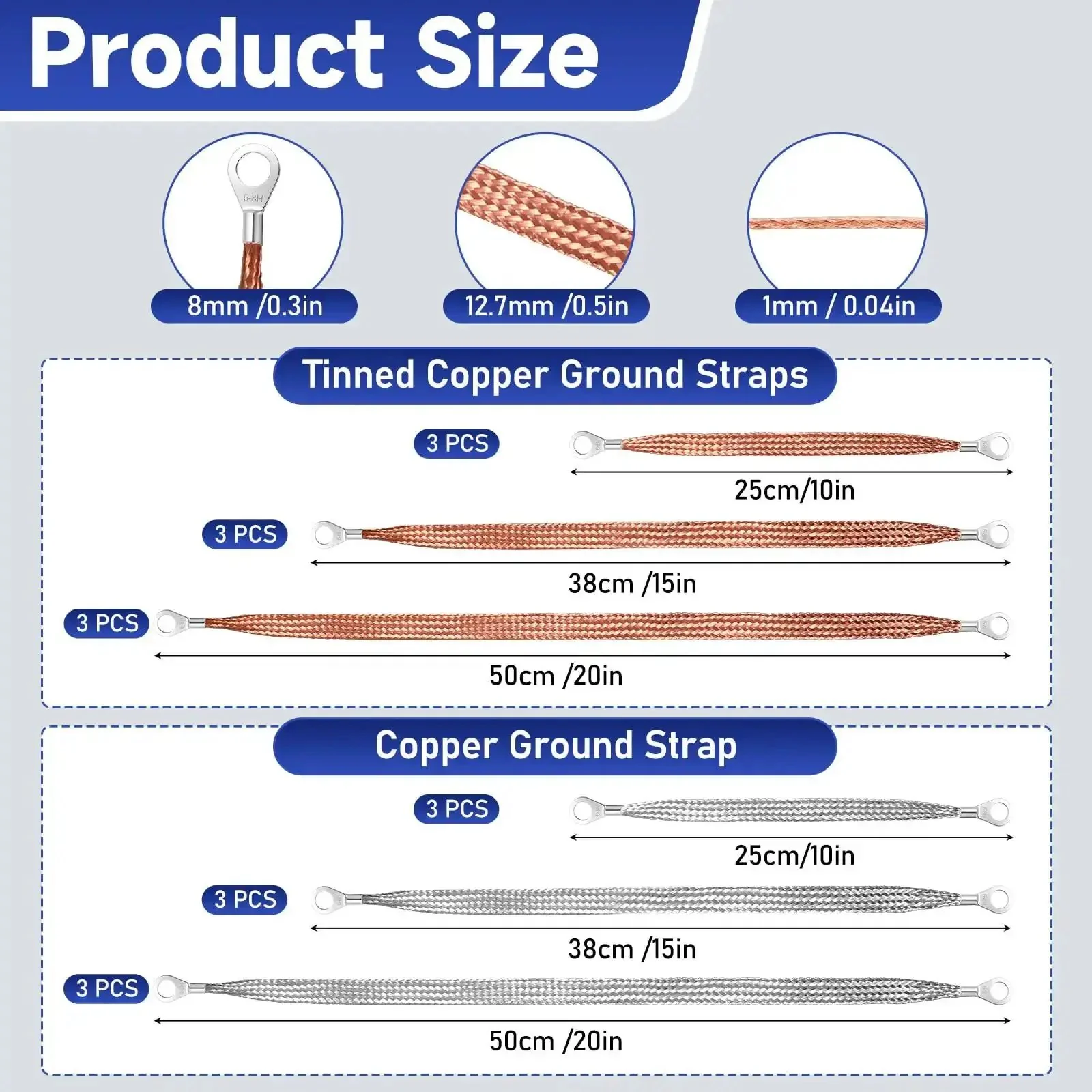 18 Piece Ground Strap Kit For Cars With 10 15 And 20 Inch Cables Braided Copper Tinned Copper Engine Grounding Cables Ring Terminals Universal Automotive Ground Strap Set For Most Vehicles - Image 7