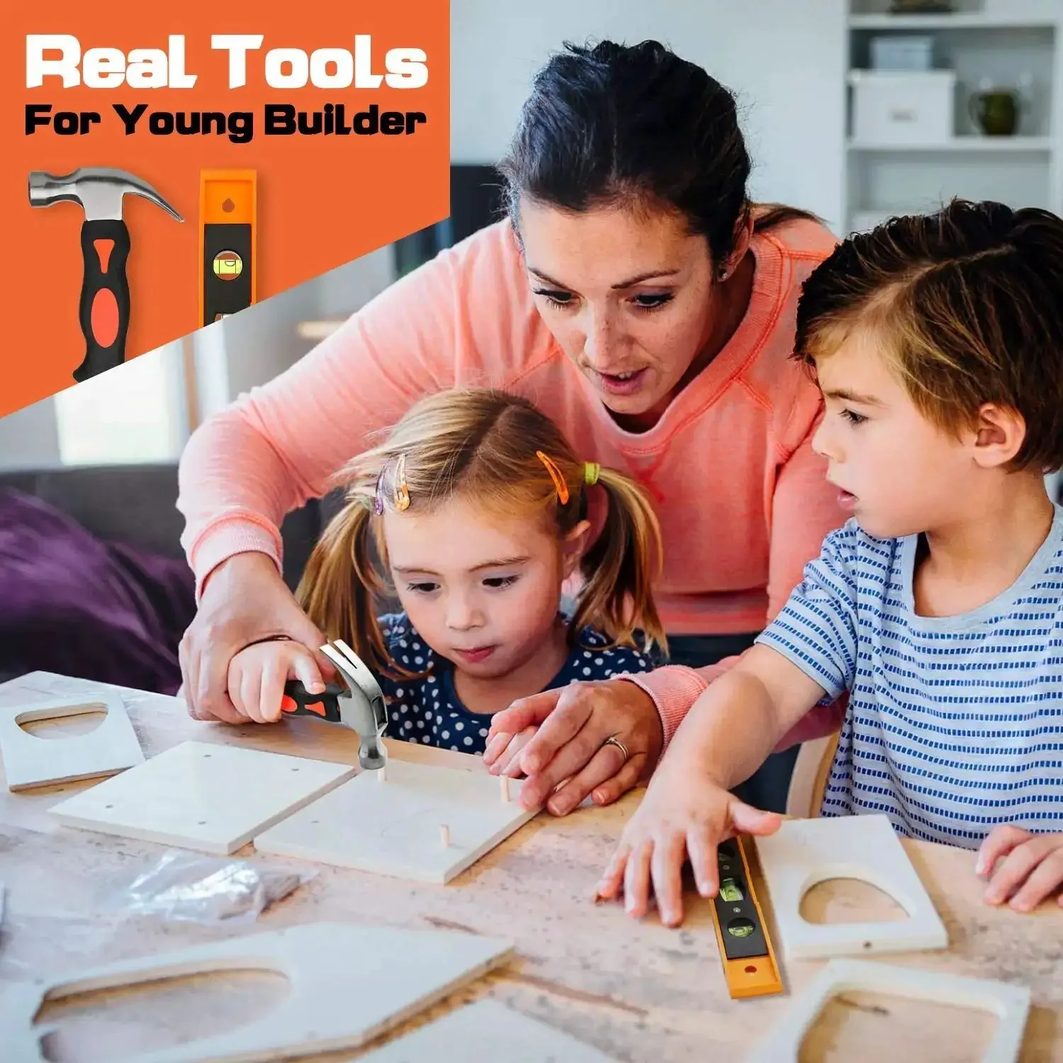 18 Piece Kid Friendly Tool Set With Reinforced Belt And Adjustable Waist 20 To 32 Inches Real Hand Tools Kit For Home DIY Building And Woodworking Includes Hammer Screwdrivers Pliers Magnetic Level Ruler Tape Measure Pencils And Eraser - Image 2