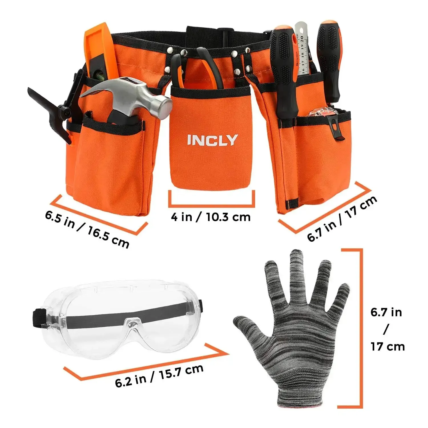 18 Piece Kid Friendly Tool Set With Reinforced Belt And Adjustable Waist 20 To 32 Inches Real Hand Tools Kit For Home DIY Building And Woodworking Includes Hammer Screwdrivers Pliers Magnetic Level Ruler Tape Measure Pencils And Eraser - Image 6