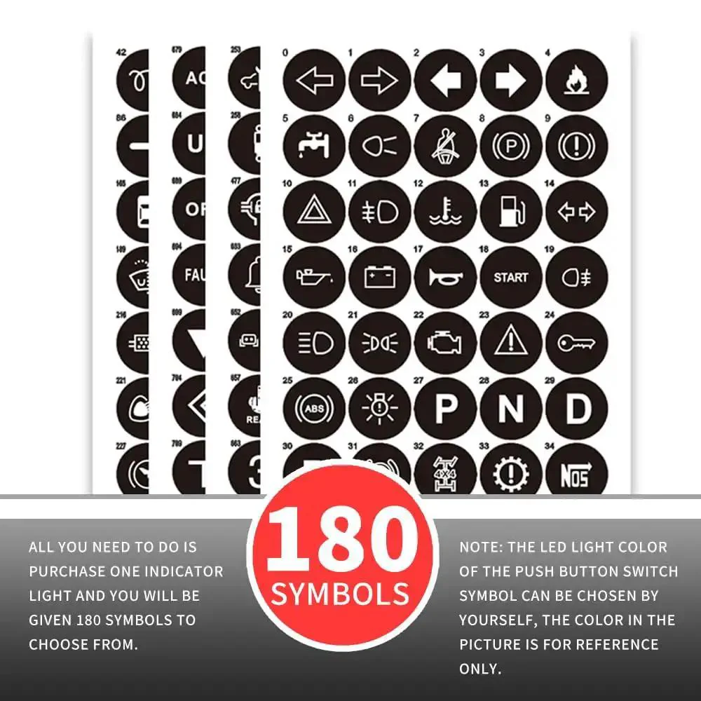180 Changeable Symbols LED Indicator Light 12V-24V IP67 Waterproof Pre-Wired Dash Pilot Light DIY Ready Premium For Cars Trucks Boats RVs Marine Off Road Red - Image 3