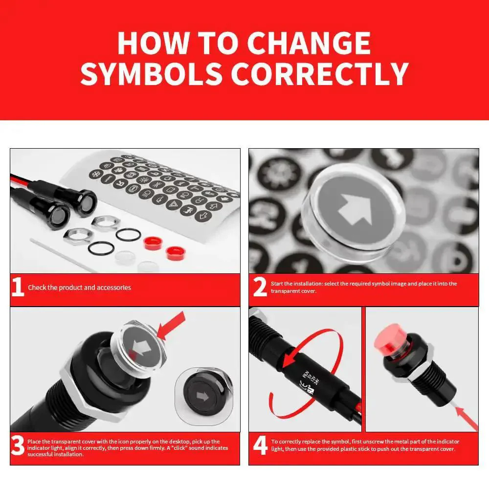 180 Changeable Symbols LED Indicator Light 12V-24V IP67 Waterproof Pre-Wired Dash Pilot Light DIY Ready Premium For Cars Trucks Boats RVs Marine Off Road Red - Image 5
