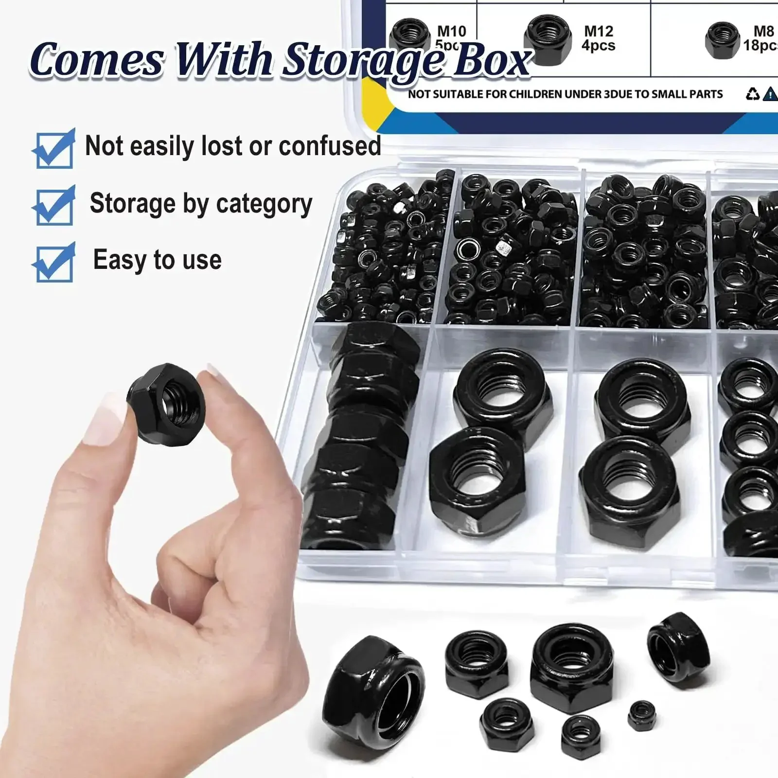 180 Pack Black Lock Nuts Assortment Kit M3 Through M12 Nylon Insert Nylock Nuts 304 Stainless Steel Standard Threads For DIY Friendly Furniture Building And Construction Projects - Image 4