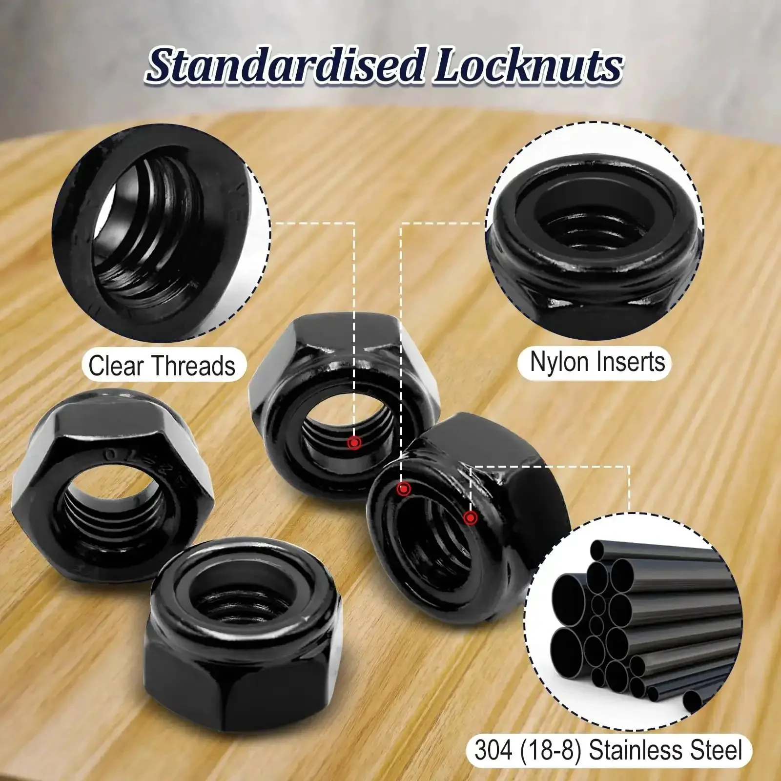 180 Pack Black Lock Nuts Assortment Kit M3 Through M12 Nylon Insert Nylock Nuts 304 Stainless Steel Standard Threads For DIY Friendly Furniture Building And Construction Projects - Image 7