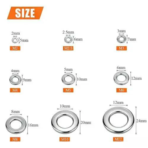 180 Pcs Stainless Steel Flat Washers Set For Screws And Bolts 304 Grade Assorted Sizes M2.5 M2 M3 M4 M5 M6 M8 M10 Built Tough For Heavy Duty Projects And Industrial Use - Image 6
