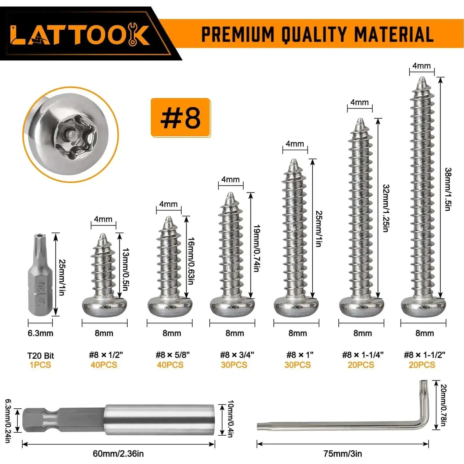 180-Piece No 8 Torx Security Screws Kit With Pro Grade 304 Stainless Steel Button Head Self-Tapping Sheet Metal Screws Anti Theft Tamper Proof Includes T20 Bit And Wrench - Image 8