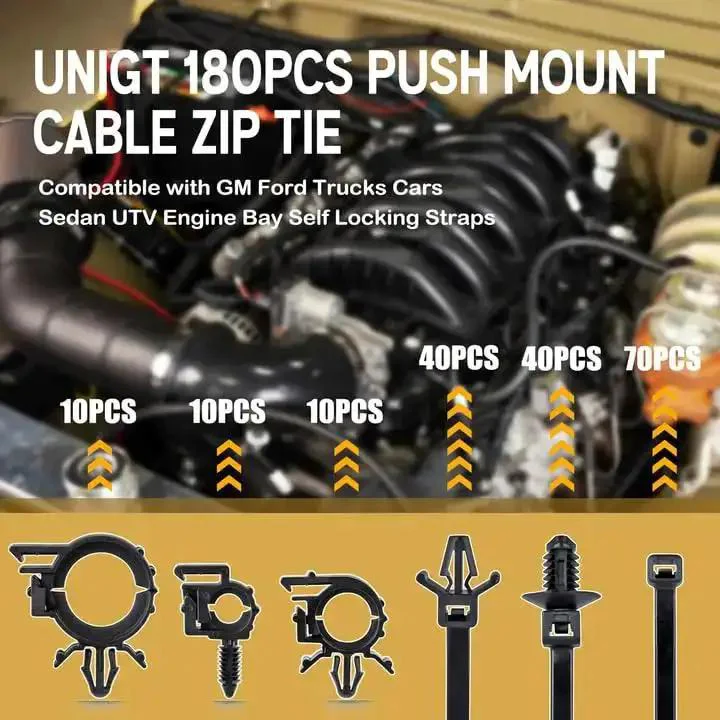 180 Piece Nylon Universal Cable Tie Buckle Set With Push Mount Zip Ties And Wire Loom Routing Clips For Cars Trucks SUVs Sedans UTVs Universal Engine Bay Self Locking Straps For Easy DIY Wiring Restoration - Image 7