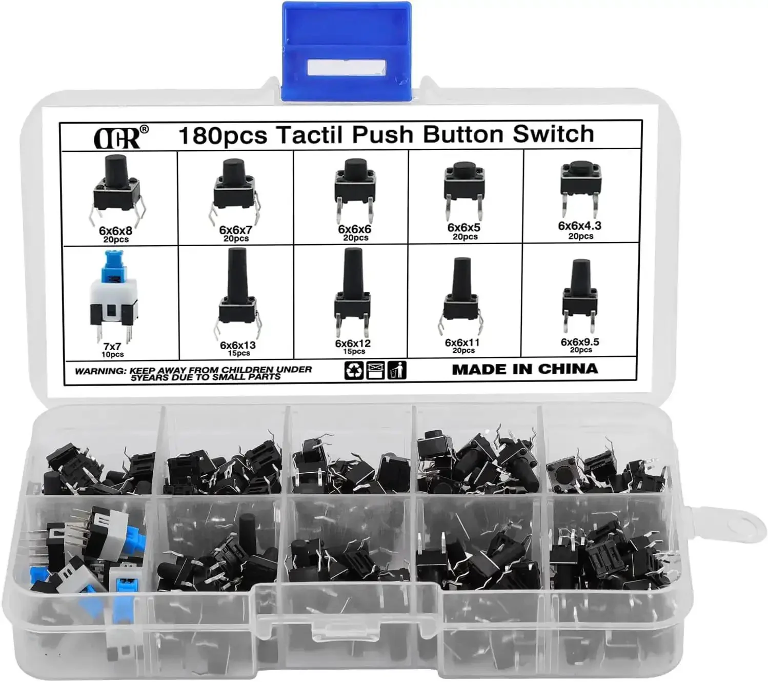 180-Piece Tactile Push Button Switch Kit With 10 Value Sizes 6x6mm To 7x7mm 4-Pin Micro Momentary Tact Switch Set For Prototyping DIY Electronics Projects And Hobbyist Builds
