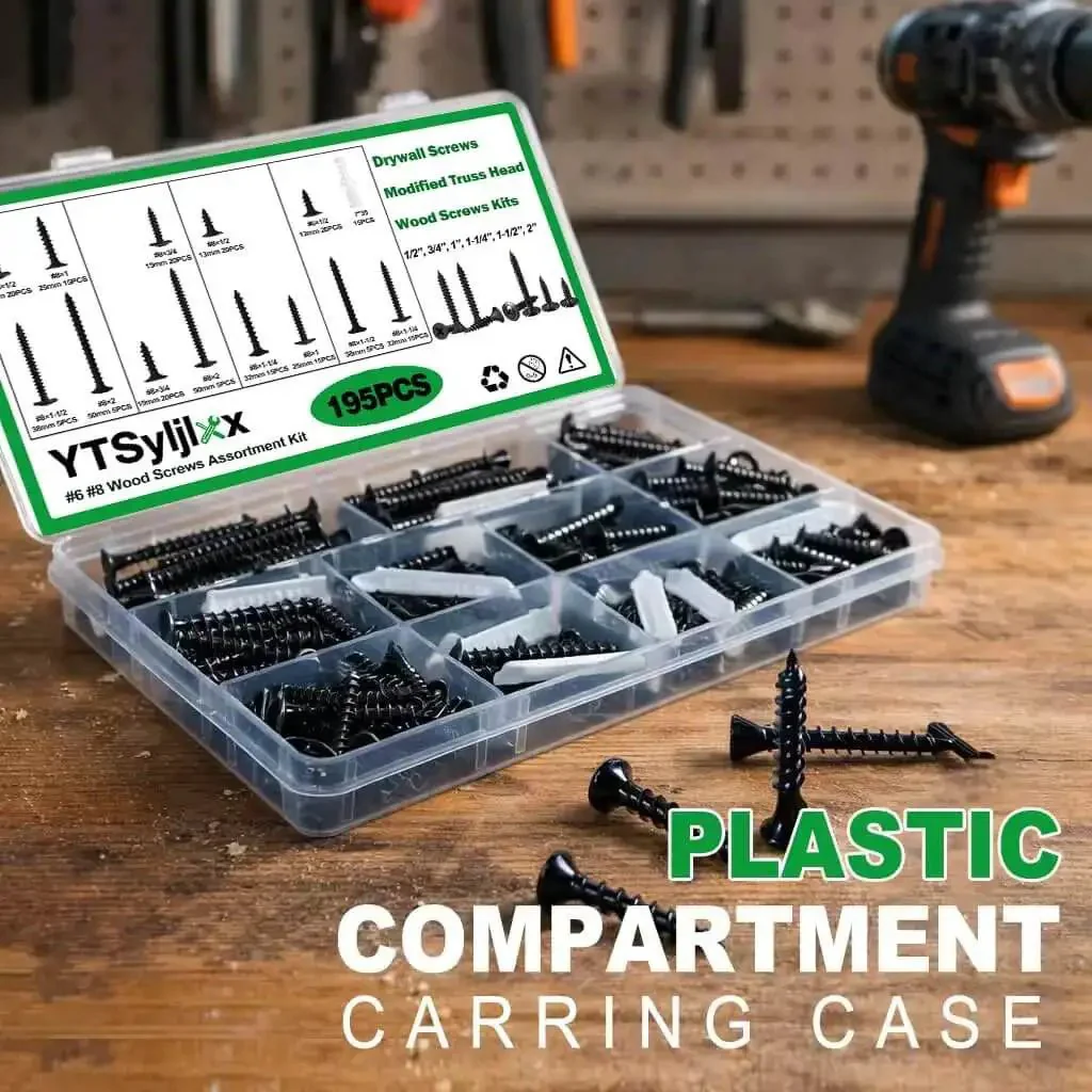 195 Piece Black Wood Screws And Drywall Screws Kit With Flat Head And Phillips Truss Head Self Tapping Screws For Wood And Sheetrock Including Size Six And Size Eight For Quick DIY Projects - Image 4