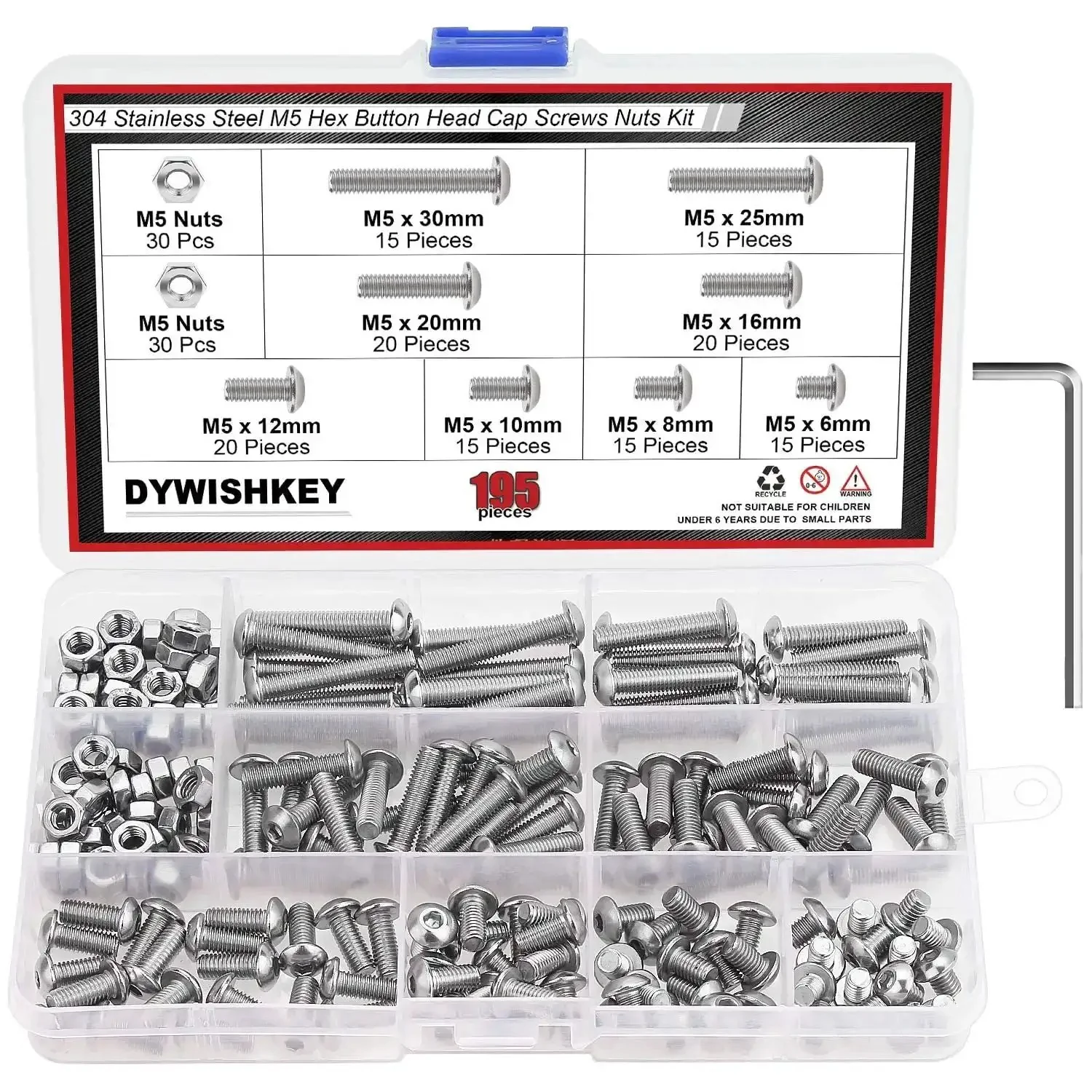 195 Piece M5 Hex Button Head Bolts And Nuts Kit In Stainless Steel 304 With 8 Lengths From 6mm To 30mm For DIY Projects Home Workshop Use Built To Last And Ready To Tackle Any Bolt Job