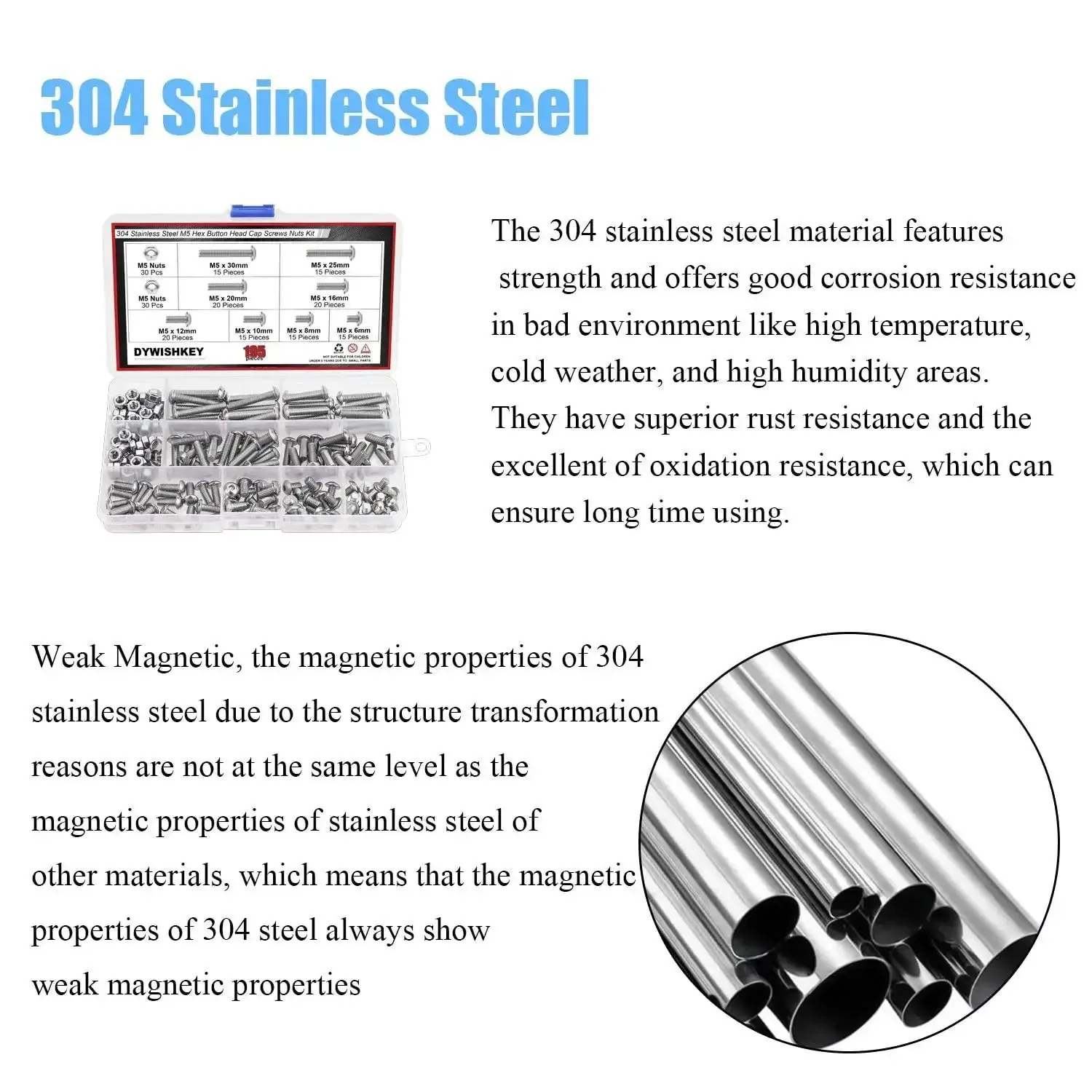 195 Piece M5 Hex Button Head Bolts And Nuts Kit In Stainless Steel 304 With 8 Lengths From 6mm To 30mm For DIY Projects Home Workshop Use Built To Last And Ready To Tackle Any Bolt Job - Image 3