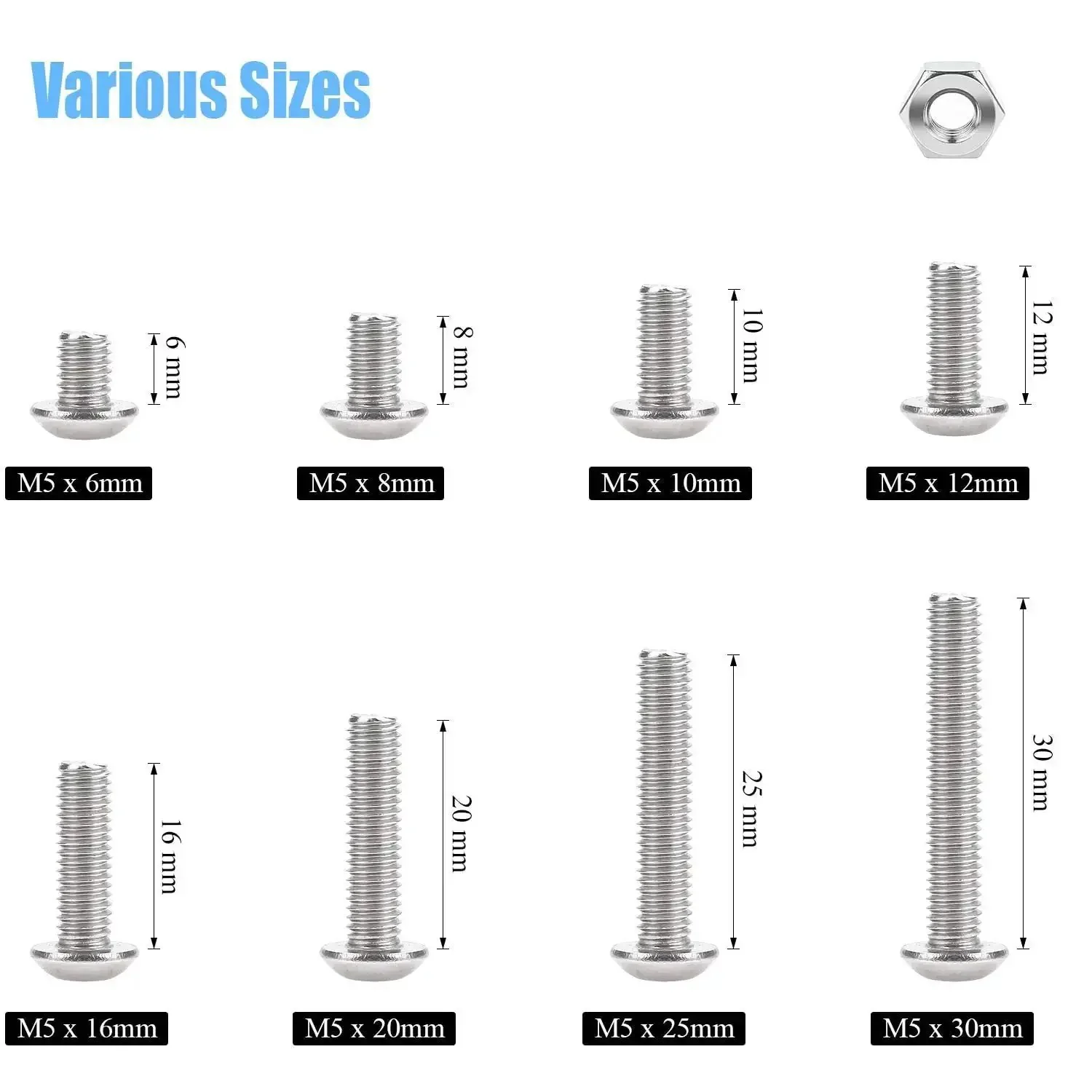 195 Piece M5 Hex Button Head Bolts And Nuts Kit In Stainless Steel 304 With 8 Lengths From 6mm To 30mm For DIY Projects Home Workshop Use Built To Last And Ready To Tackle Any Bolt Job - Image 6