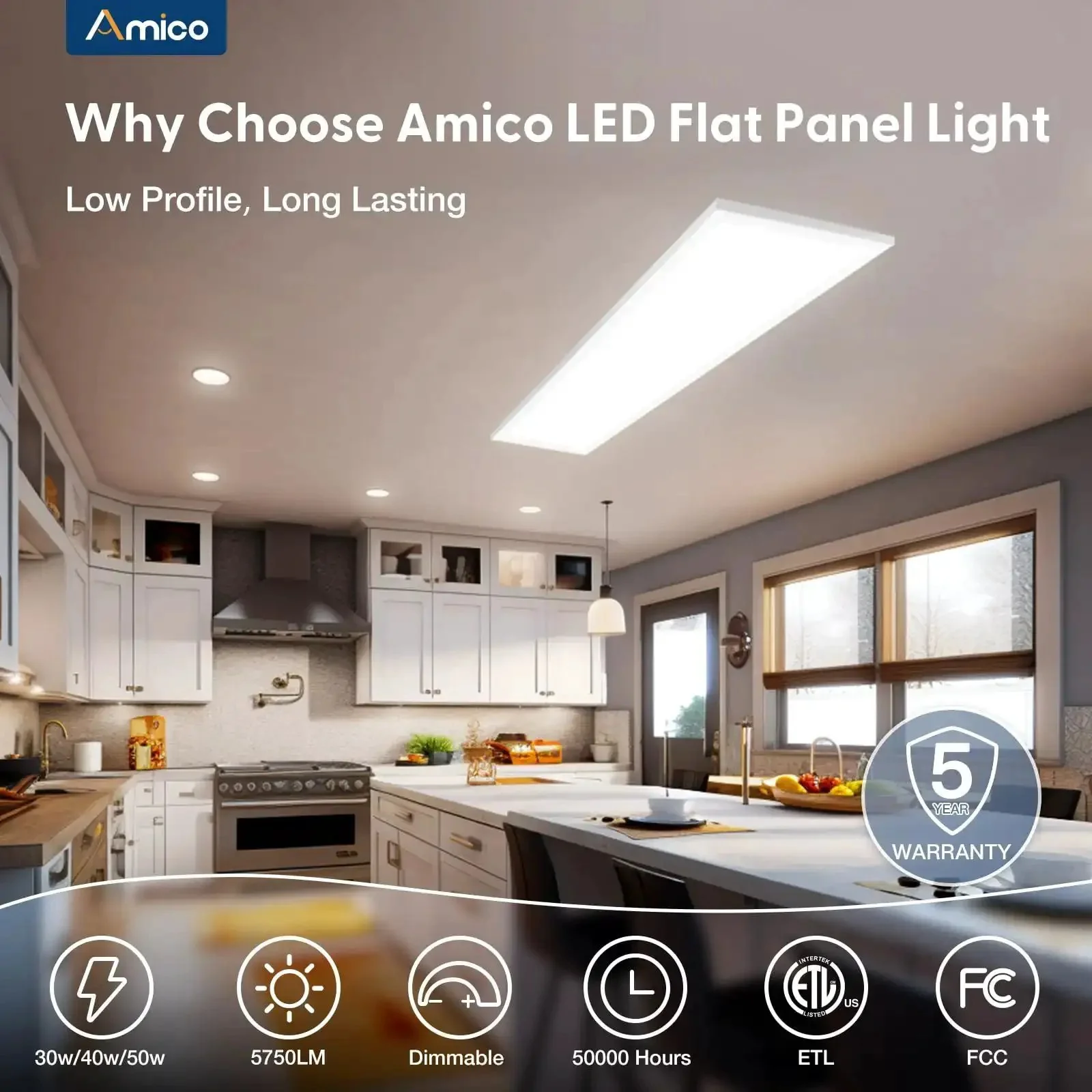 1x4 LED Flat Panel Light Surface Mount, Dimmable Triac, 30/40/50W Adjustable, 3CCT 3500K/4000K/5000K, 5750LM Troffer Ceiling Fixture For Kitchen Garage Basement, ETL Certified, Energy Saving High Brightness - Image 2