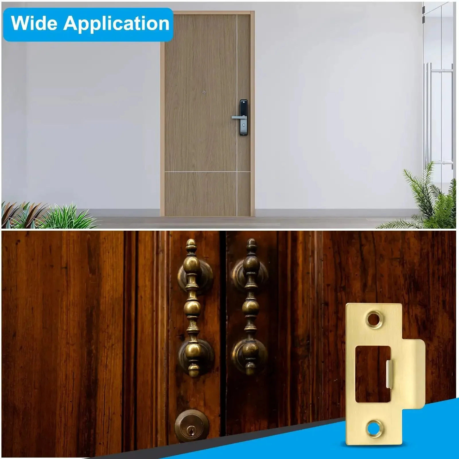 2-3/4 Inch Stainless Steel Gold Door Strike Plate Set, 2 Pack With Screws, T Strike Backplates For Interior And Exterior Doors, Large Hole Reinforcement Plate, Durable Gold Finish For Strong Security - Image 2