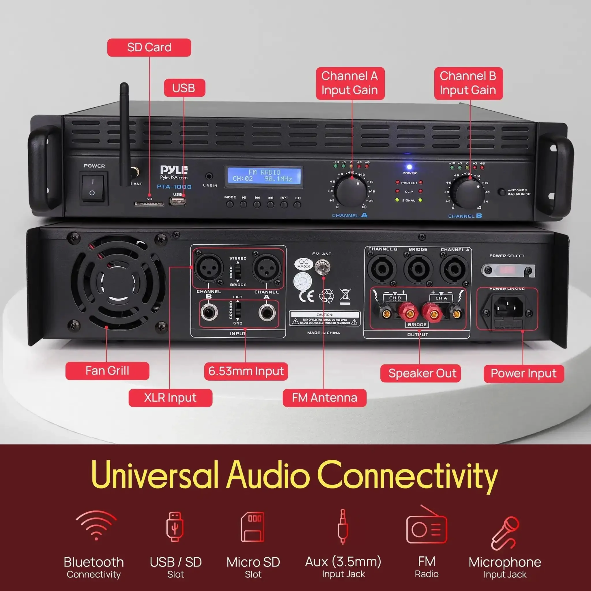 2 Channel Rack Mount Power Amplifier With Bluetooth 2000W Peak Bridgeable For Stereo Or Bridge Mode TRS XLR Input Speakon Outputs USB A MP3 Player Cooling Fan LED Level Meters - Image 6