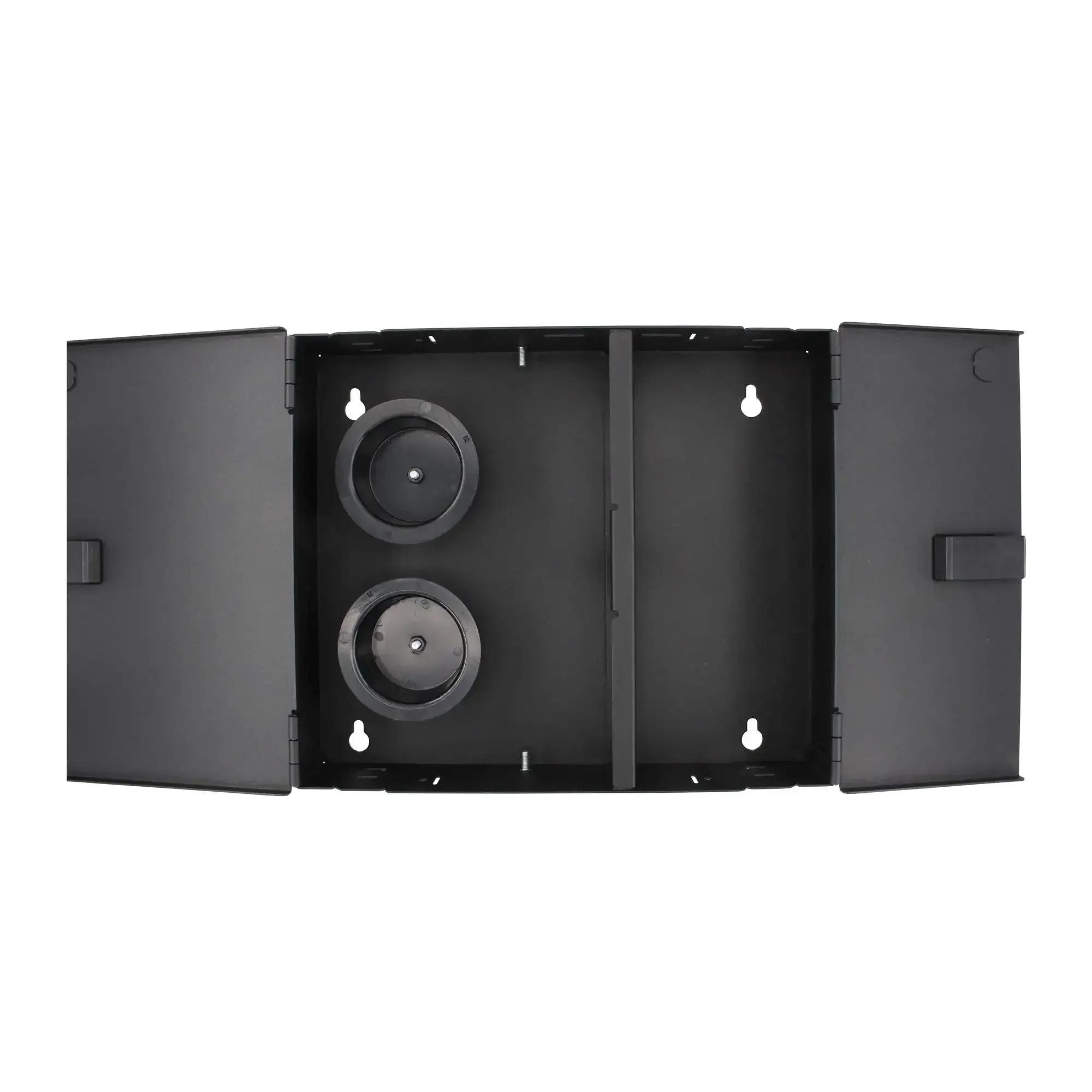 2-Door Wall-Mount Fiber Enclosure With 2 Adapter Panels, All-Metal Construction, Separate Service And User Doors, Optional Keyed Locks, Includes Fiber Cable Routing, Compact Black Cabinet Built For Tight Installations - Image 2