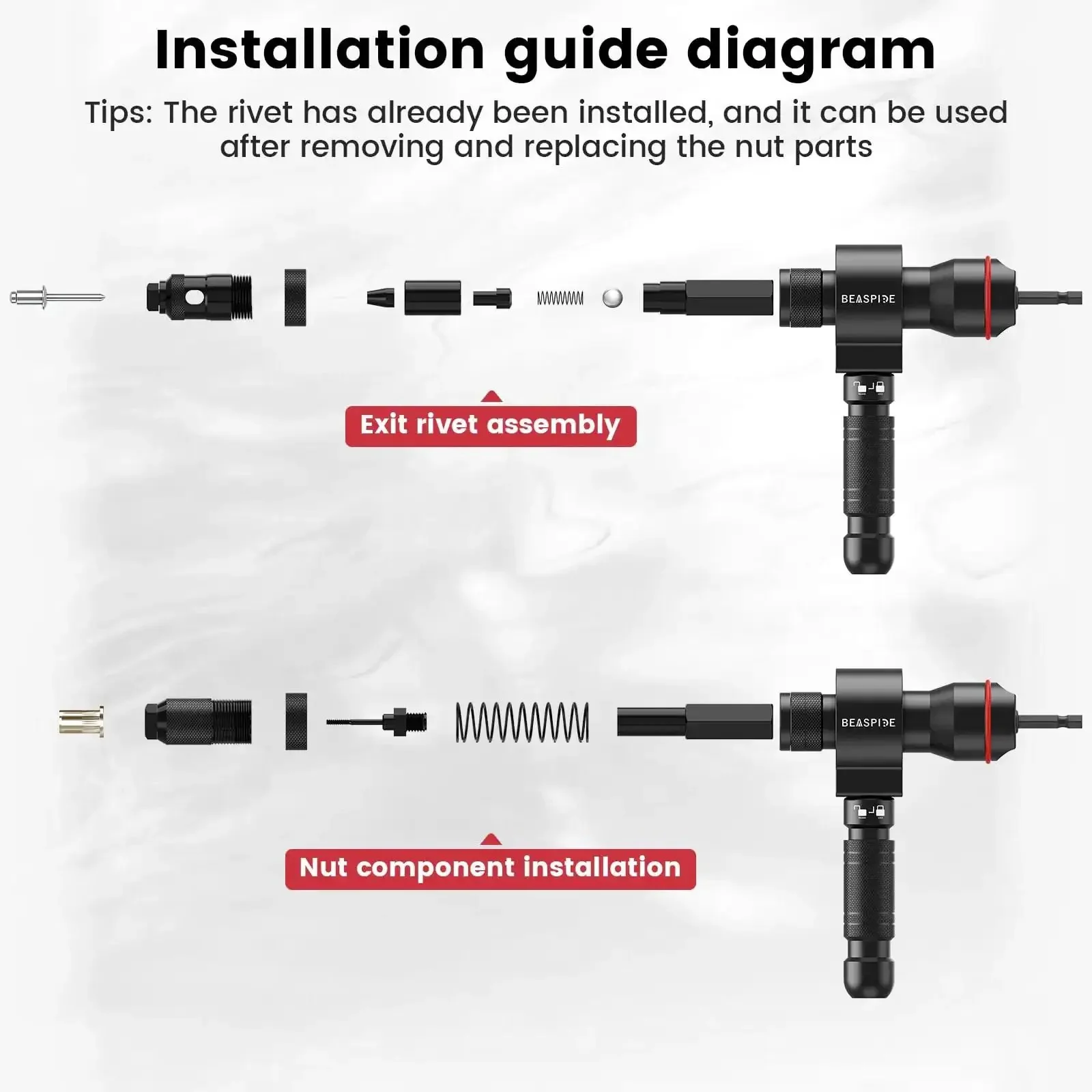 2 In 1 Cordless Rivet Nut Tool Kit For Drill Converts Your Drill Into A Pro Rivet Gun With 7 Metric Mandrels, 6 Rivet Head Sizes, 65 Pcs Rivet Nuts And Sturdy Carry Case - Image 4