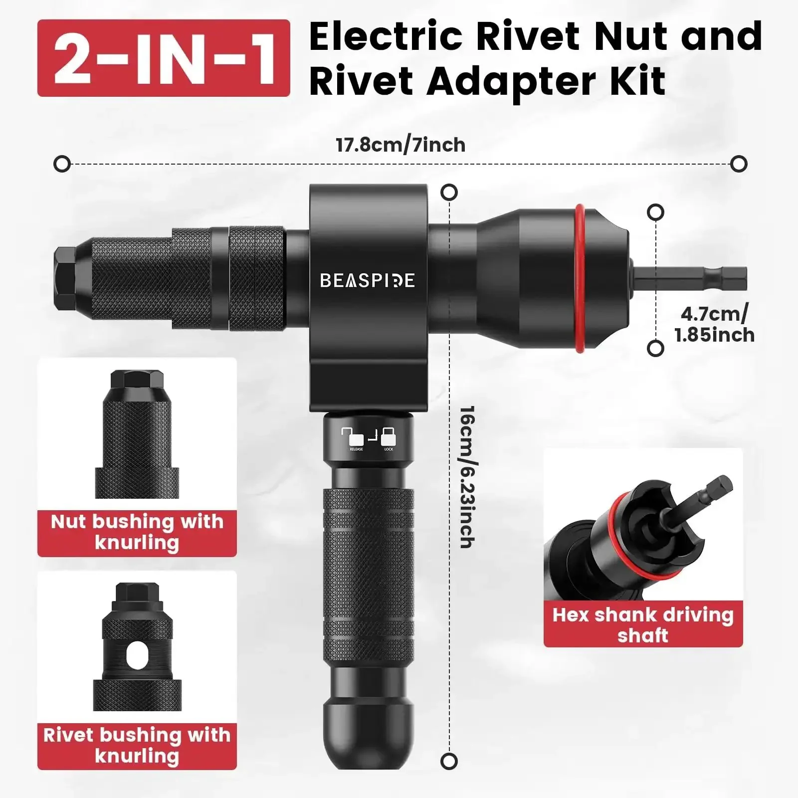 2 In 1 Cordless Rivet Nut Tool Kit For Drill Converts Your Drill Into A Pro Rivet Gun With 7 Metric Mandrels, 6 Rivet Head Sizes, 65 Pcs Rivet Nuts And Sturdy Carry Case - Image 7