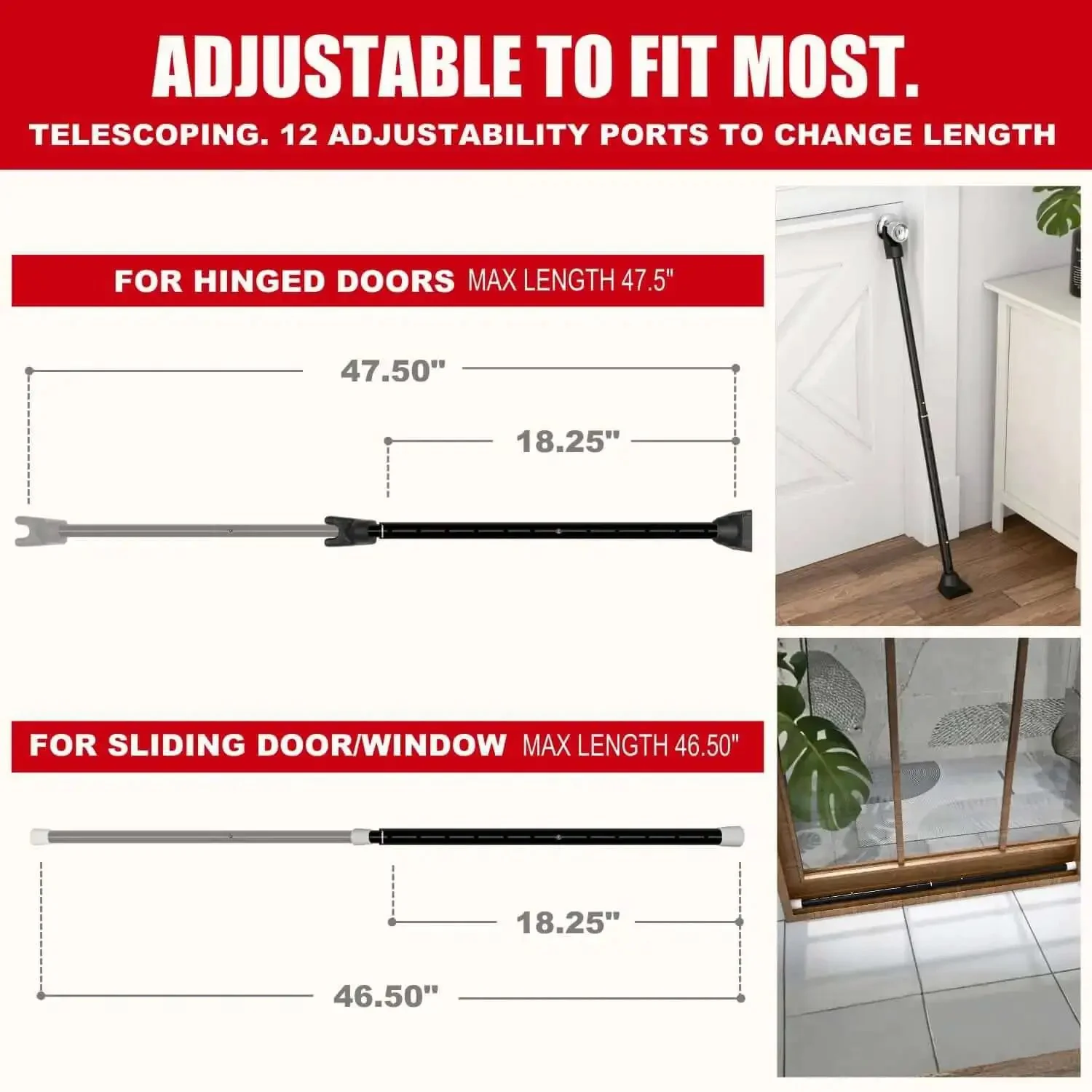 2 In 1 Door Security Bar And Sliding Patio Bar With Interchangeable Caps Heavy Duty Iron Construction Adjustable From 18.25 To 47.5 Inches Dual Purpose Door Stopper Lock 2 Pack For Home Apartment Travel Black - Image 8