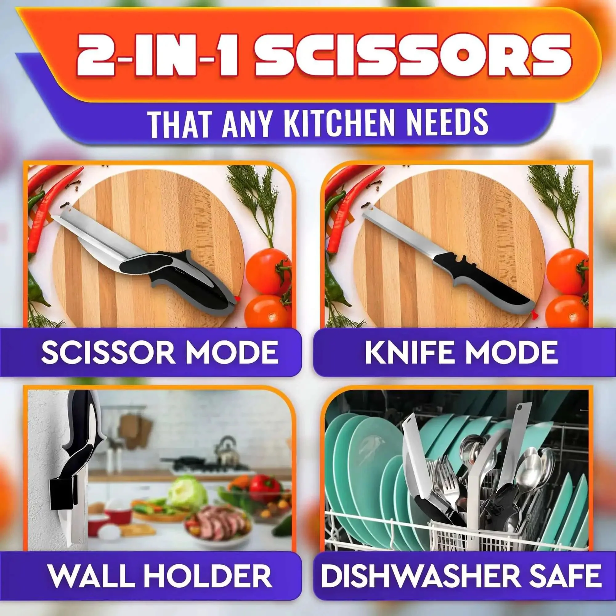 2 In 1 Kitchen Scissors For Food With Stainless Steel Blade And Plastic Cutting Board Safety Lock 9.5 Inch Tomato Knife And Fruit Vegetable Cutter Easy To Use Kitchen Shears For Meat And Cheese - Image 7