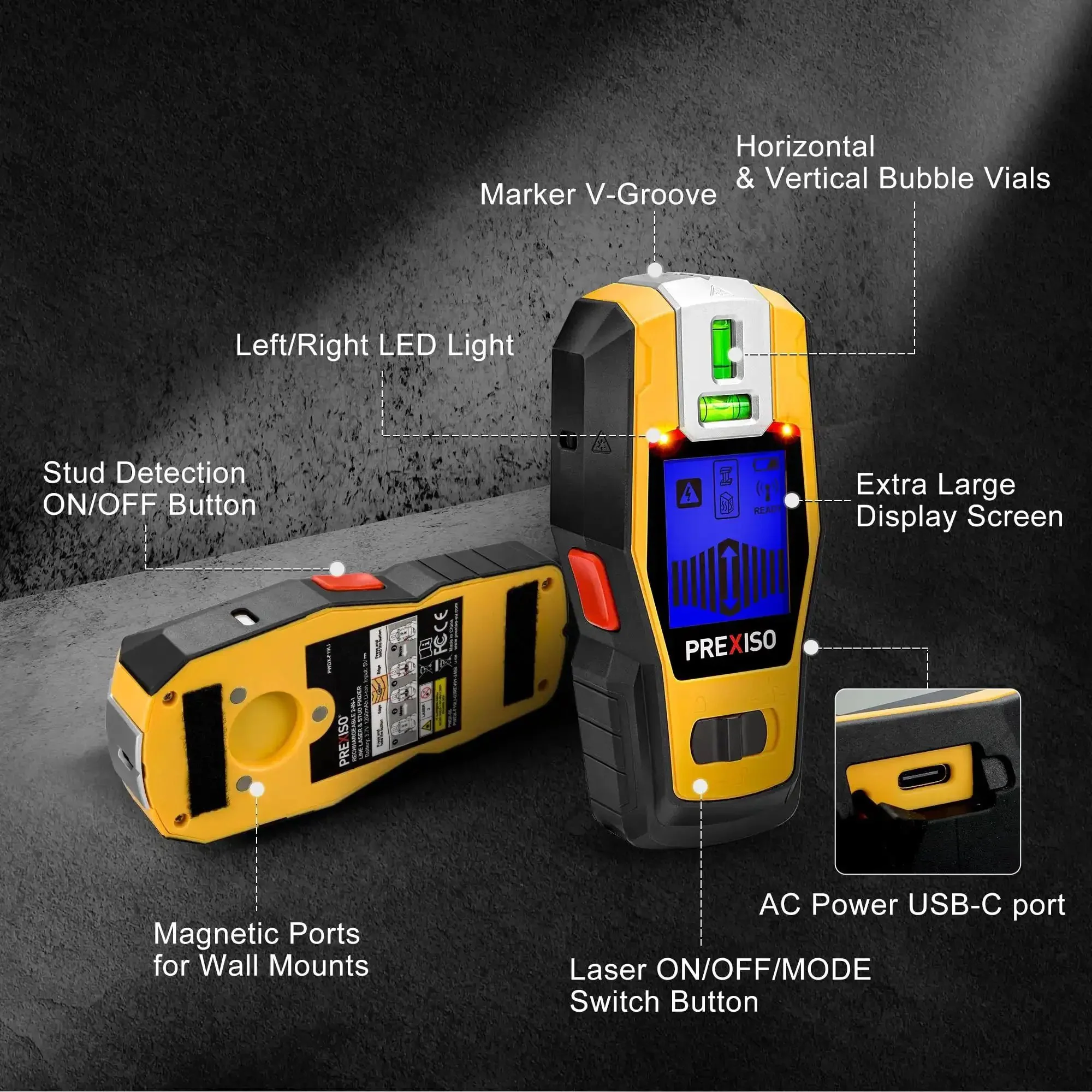 2-In-1 Stud Finder With Laser Level, Rechargeable Cross Line Laser And Wall Scanner For Studs, Joists, Pipes, Wires, Wood And Metal, Hang Frames, Pictures, Shelves Like A Boss - Image 2