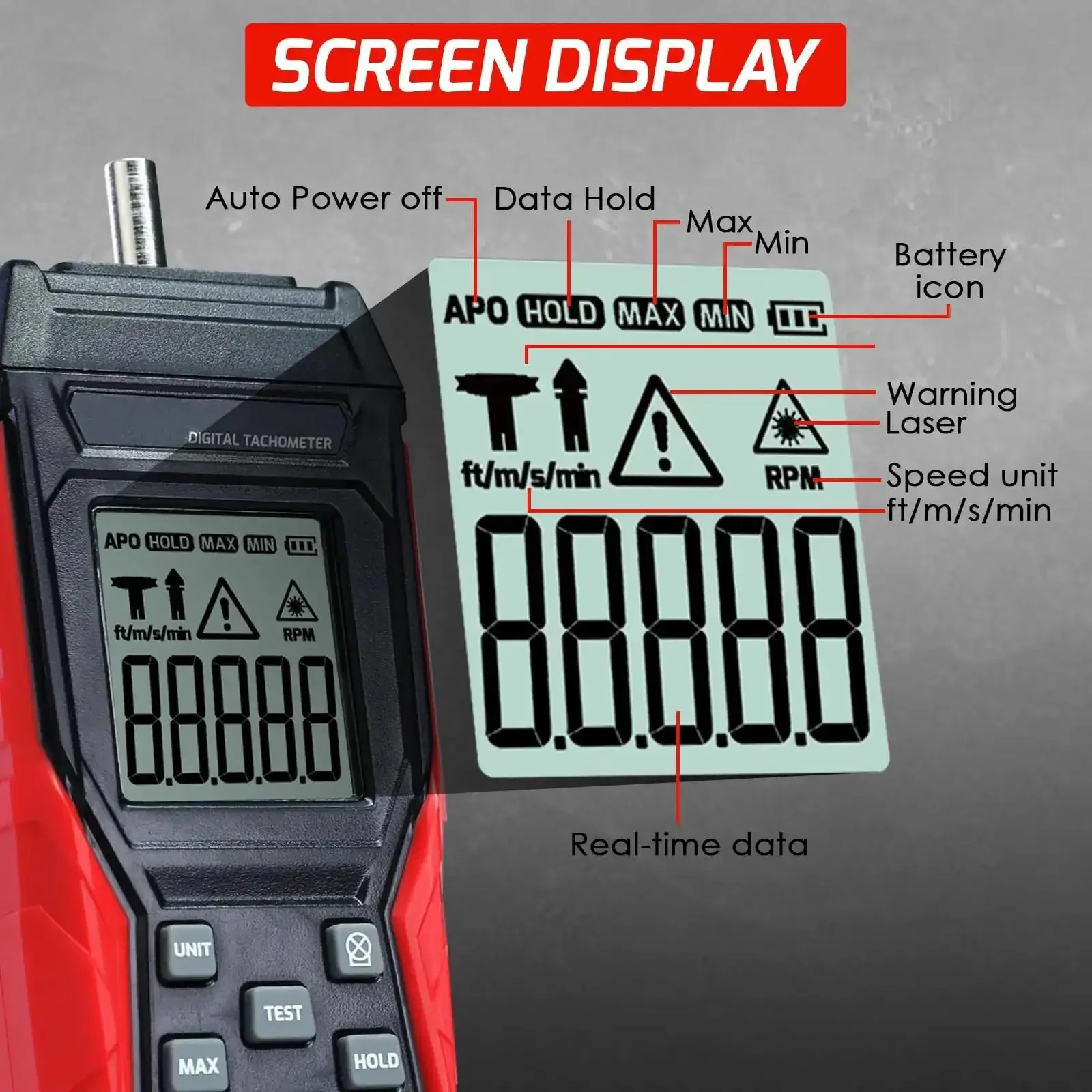 2-In-1 Tachometer With Noncontact Laser And Contact RPM Meter Gauge Tester, Measures 3-99999 RPM Noncontact And 3-19999 RPM Contact, Ultra-Precise 0.05% Accuracy, MAX/MIN/Hold Readouts, Pro Grade Handheld Car Engine Tool - Image 6