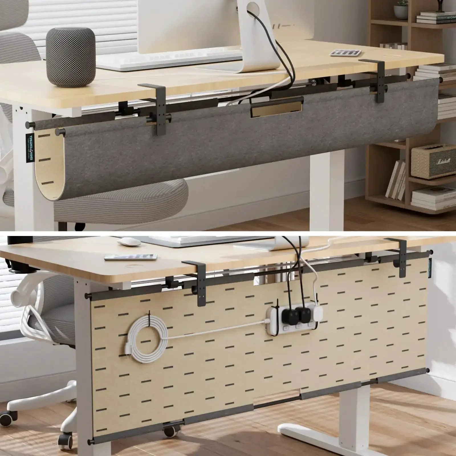 2 In 1 Under Desk Cable Management Tray And Privacy Panel With Dual Sided Felt Cord Organizer To Hide Wires And Clutter And Stop Cable Chaos Desk Mount Cable Holder For Home Office Clamp Or Screw Mount Gray Khaki - Image 4
