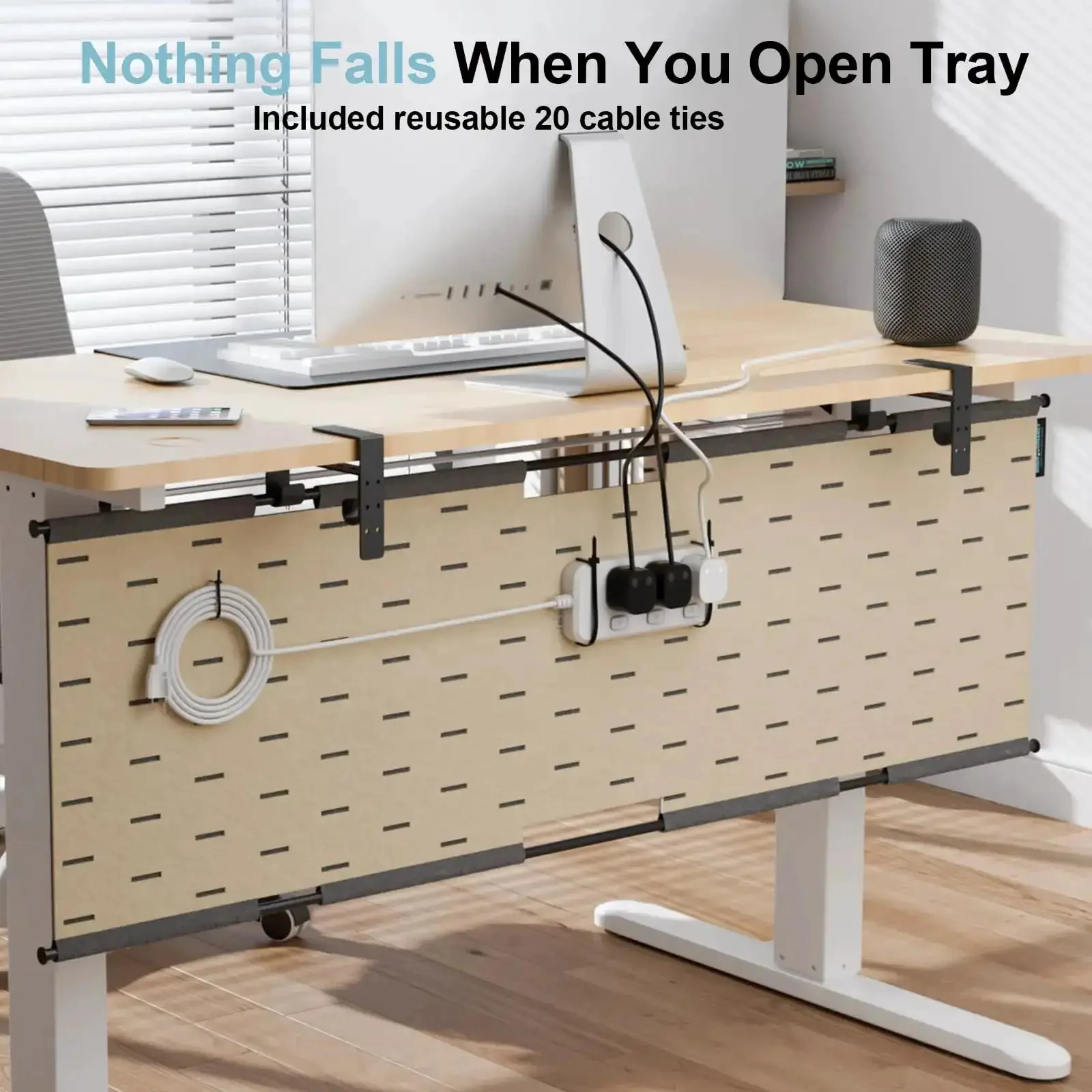 2 In 1 Under Desk Cable Management Tray And Privacy Panel With Dual Sided Felt Cord Organizer To Hide Wires And Clutter And Stop Cable Chaos Desk Mount Cable Holder For Home Office Clamp Or Screw Mount Gray Khaki - Image 8