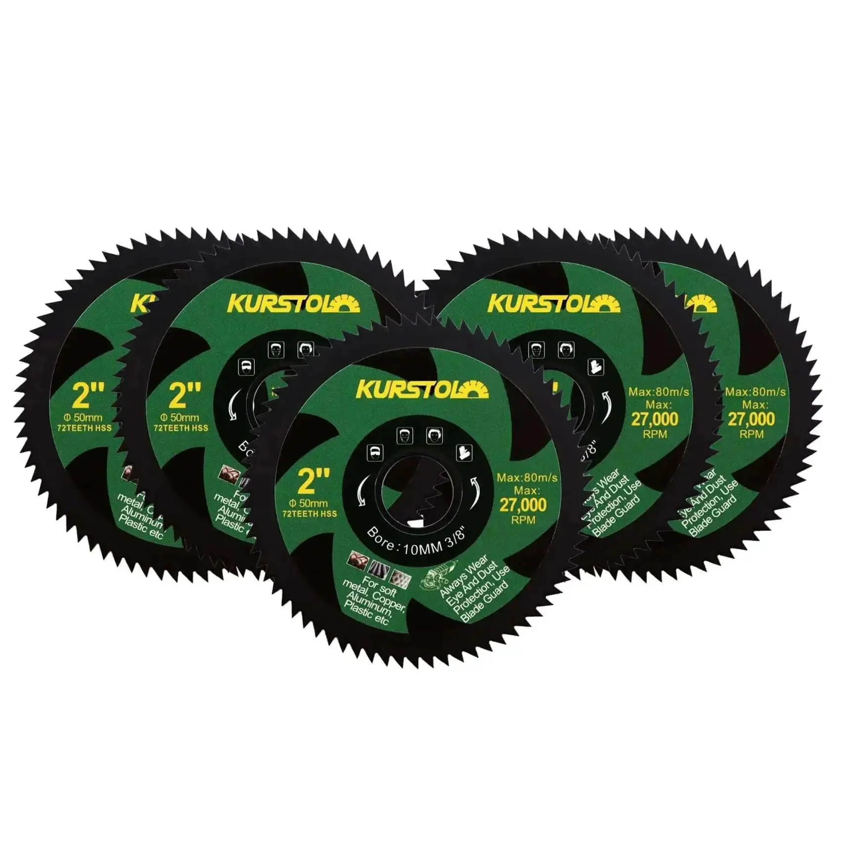 2 Inch HSS Circular Saw Blade Set For Mini Angle Grinders, 5 Pack, 72 Teeth, 50mm Diameter, Ten Millimeter Arbor Three Eighths Inch, Cuts Soft Metals Wood Plastic Fiberglass Aluminum Non-Ferrous Sheet Metal