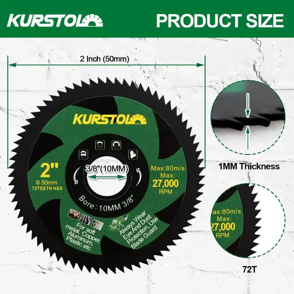 2 Inch HSS Circular Saw Blade Set For Mini Angle Grinders, 5 Pack, 72 Teeth, 50mm Diameter, Ten Millimeter Arbor Three Eighths Inch, Cuts Soft Metals Wood Plastic Fiberglass Aluminum Non-Ferrous Sheet Metal - Image 6